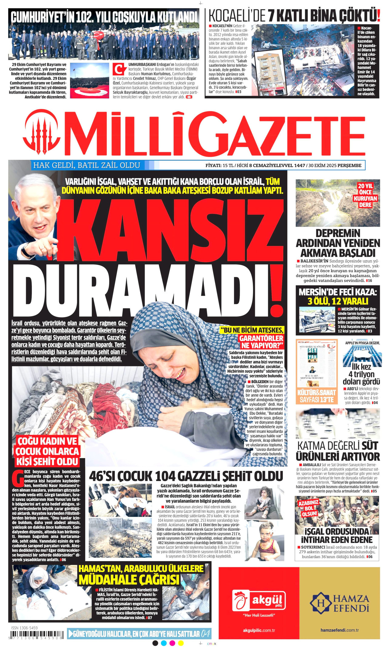 MİLLİ GAZETE gazetesinin 30 Ekim 2025 tarihli birinci sayfası