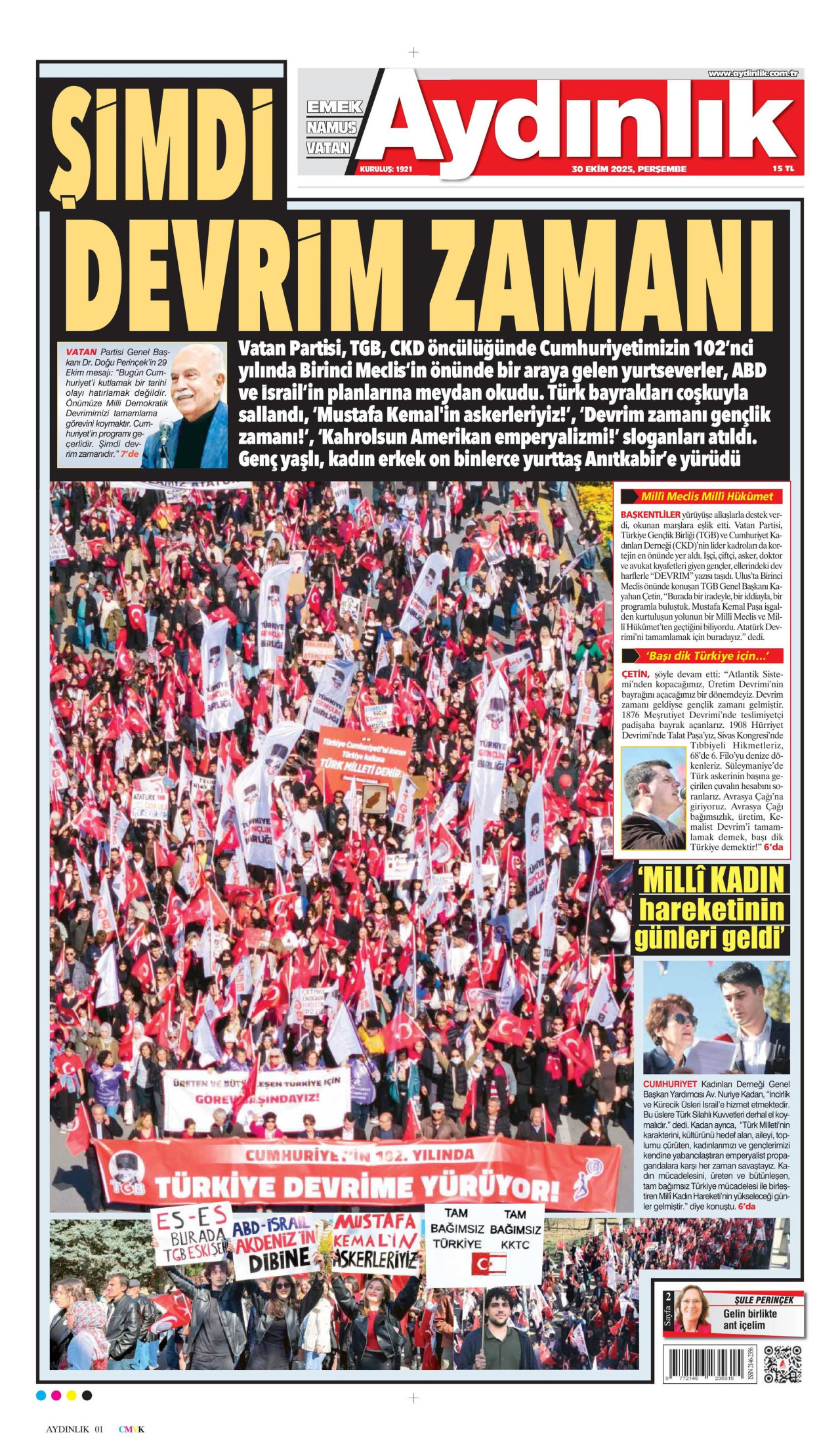 AYDINLIK GAZETESİ gazetesinin 30 Ekim 2025 tarihli birinci sayfası
