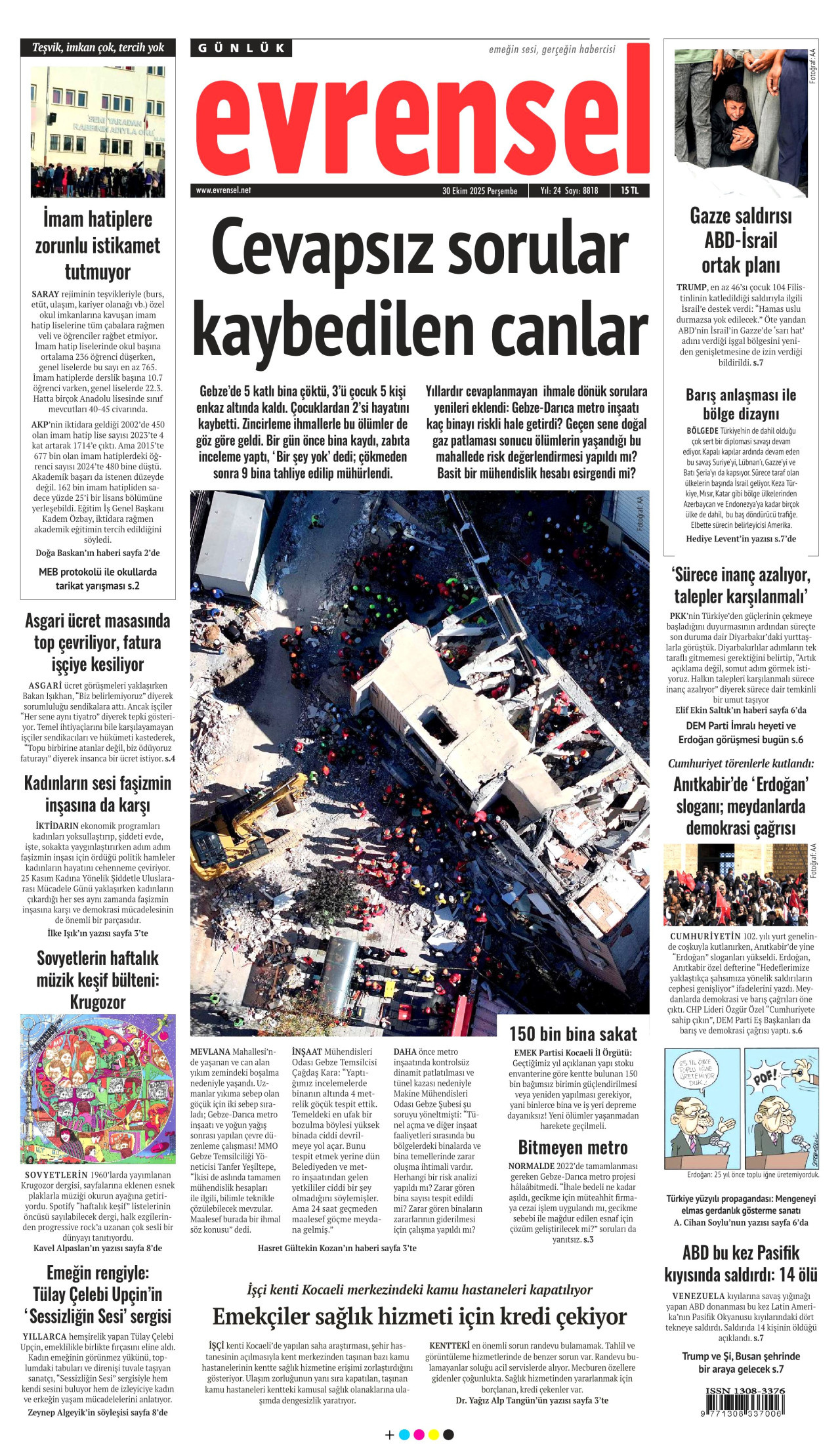 EVRENSEL gazetesinin 30 Ekim 2025 tarihli birinci sayfası