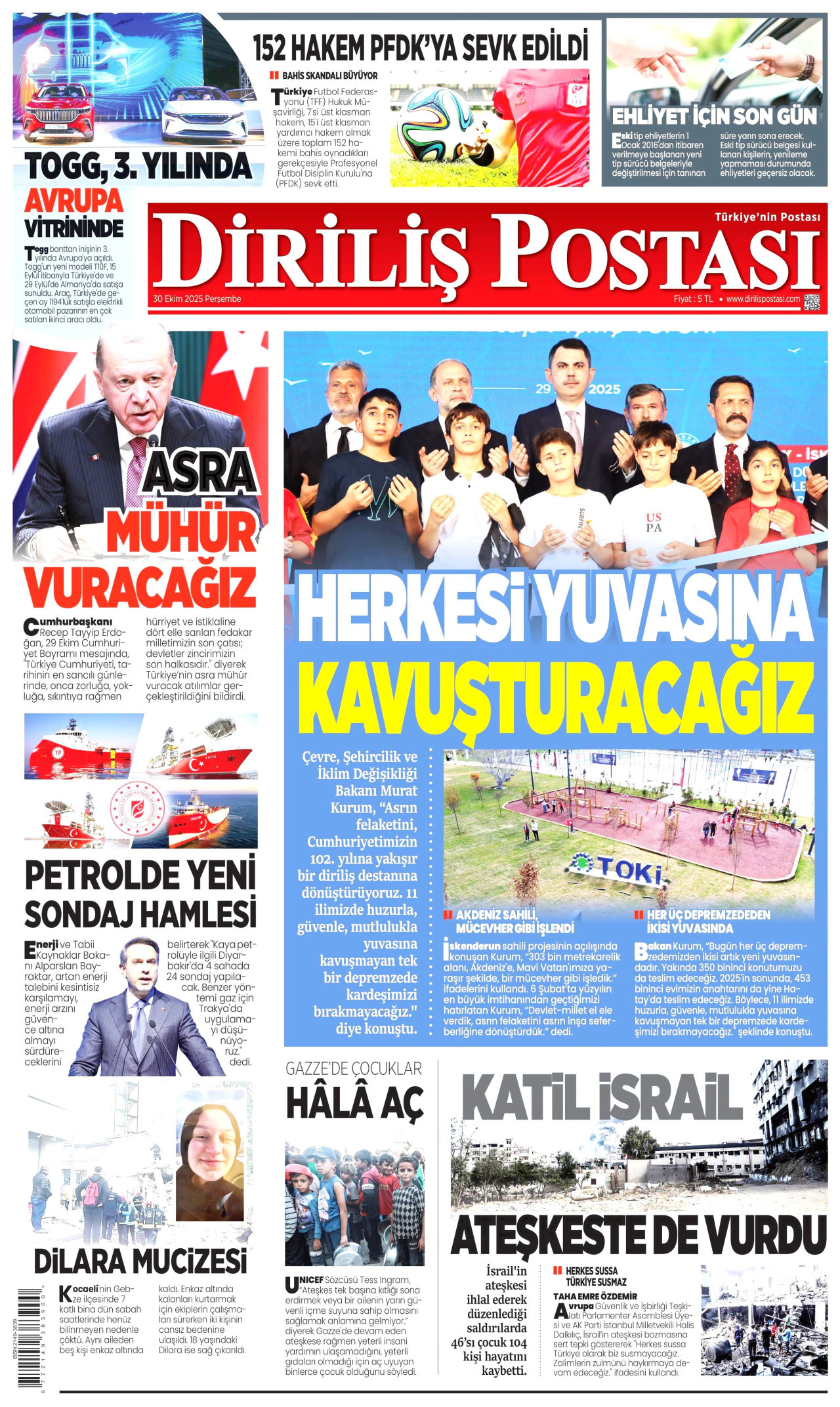 DİRİLİŞ POSTASI gazetesinin 30 Ekim 2025 tarihli birinci sayfası