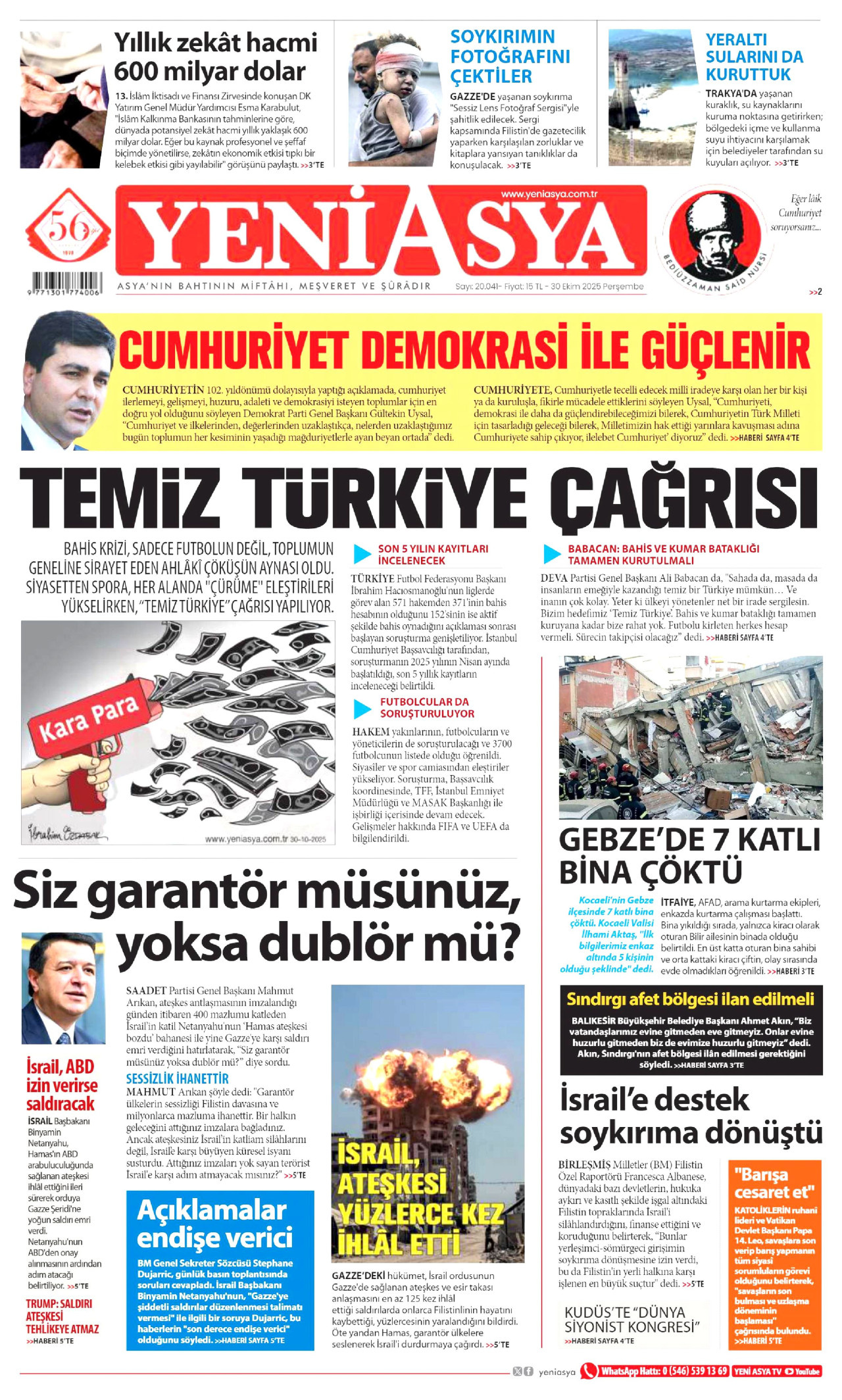 YENİ ASYA gazetesinin 30 Ekim 2025 tarihli birinci sayfası