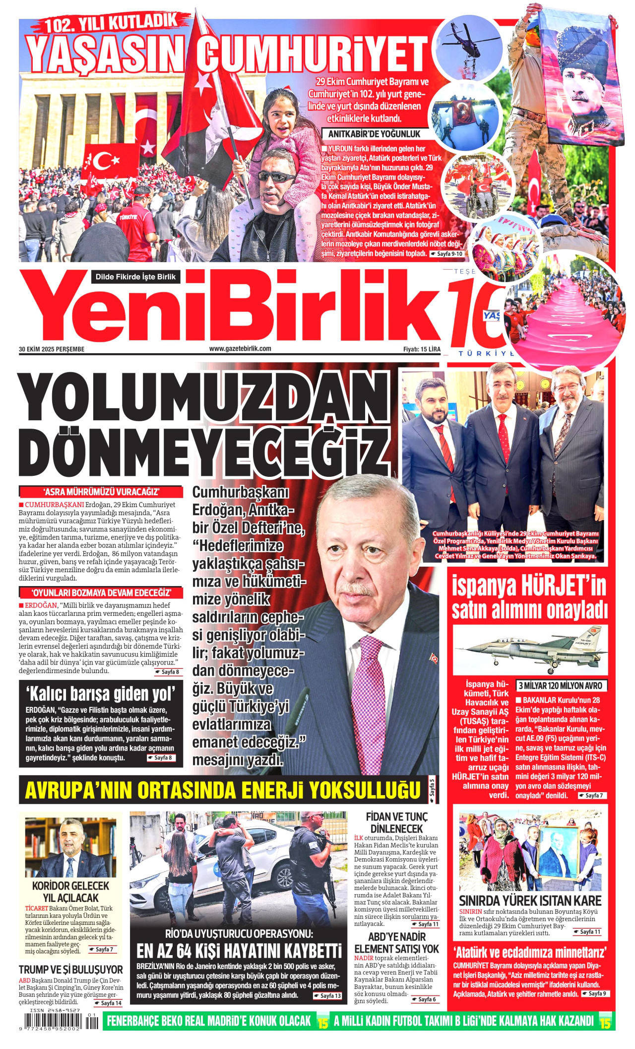 YENİBİRLİK gazetesinin 30 Ekim 2025 tarihli birinci sayfası