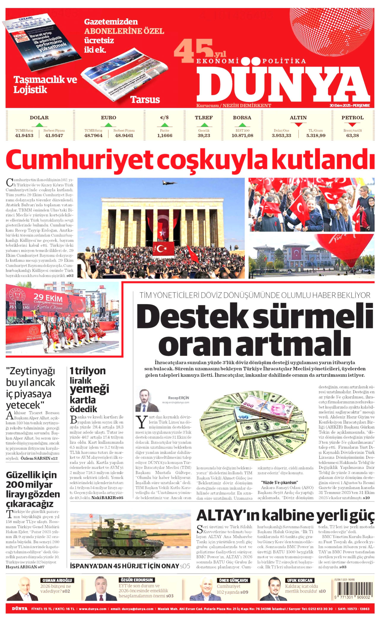 DÜNYA gazetesinin 30 Ekim 2025 tarihli birinci sayfası