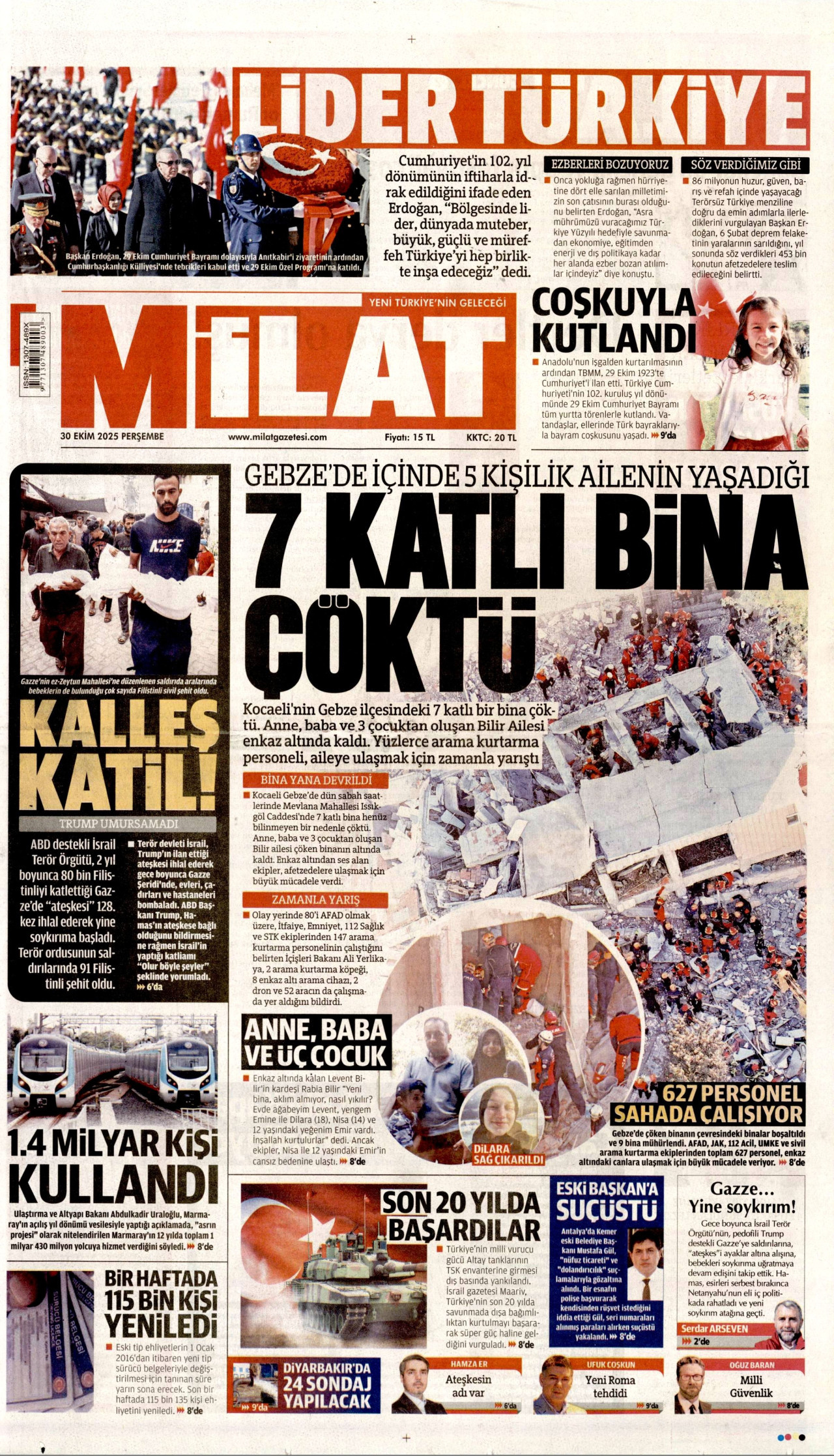 MİLAT gazetesinin 30 Ekim 2025 tarihli birinci sayfası