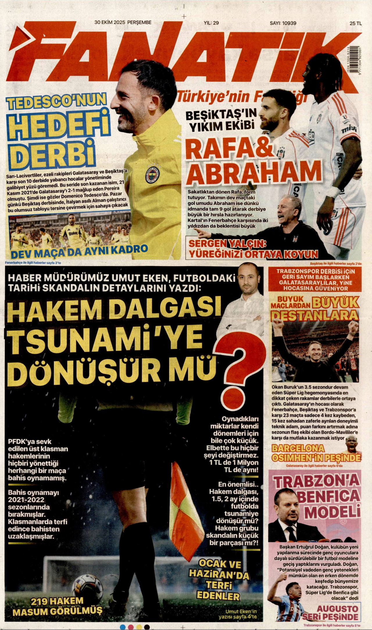 FANATİK gazetesinin 30 Ekim 2025 tarihli birinci sayfası