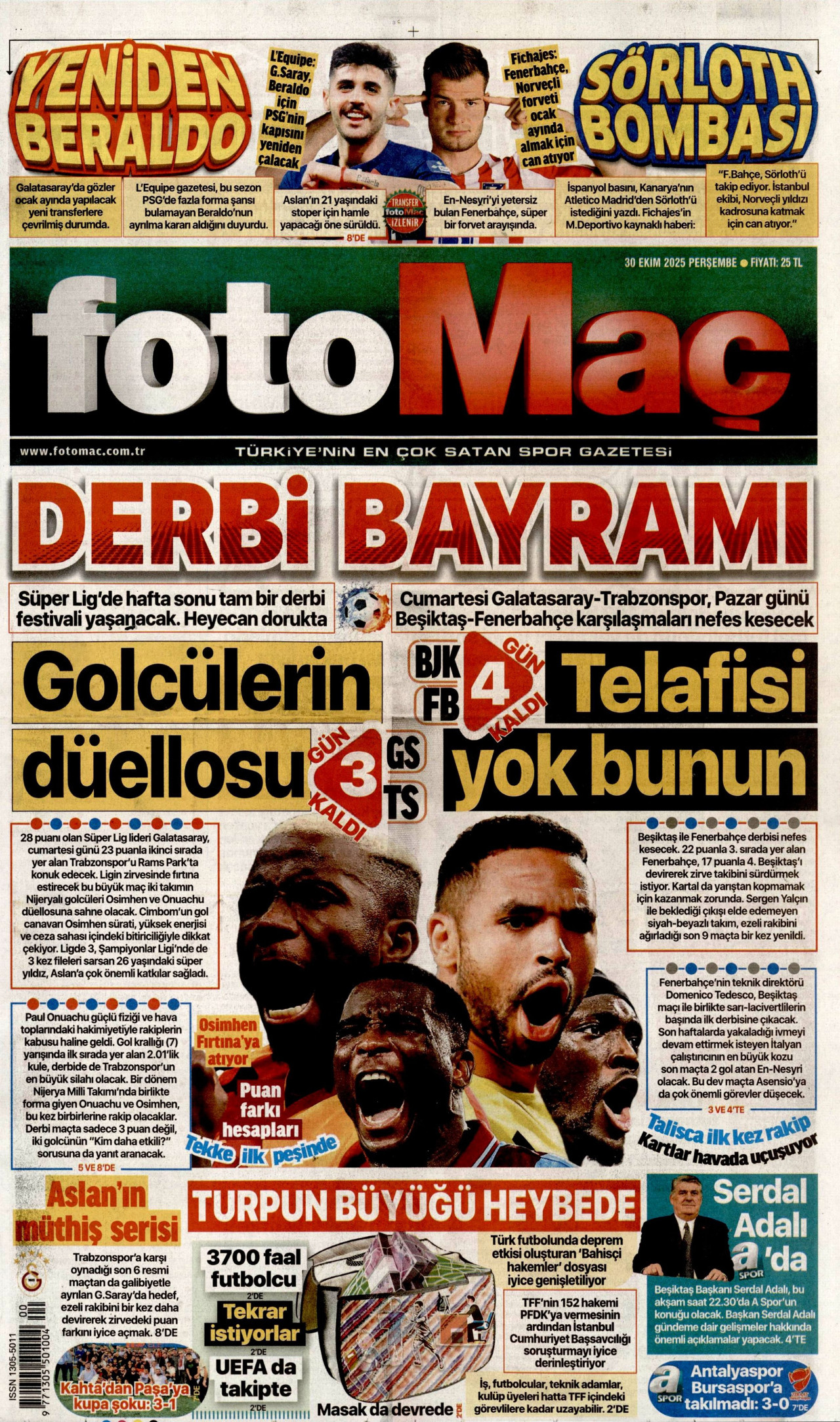 FOTOMAÇ gazetesinin 30 Ekim 2025 tarihli birinci sayfası