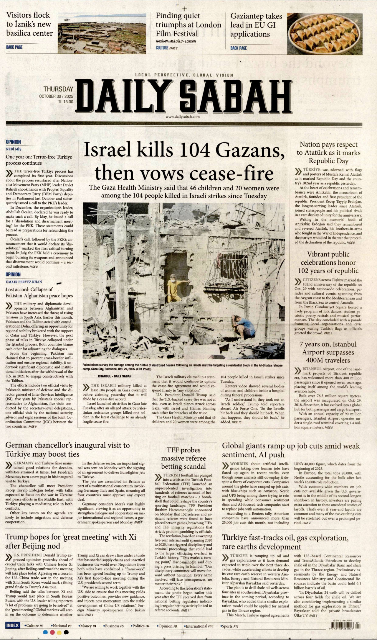 DAİLY SABAH gazetesinin 30 Ekim 2025 tarihli birinci sayfası