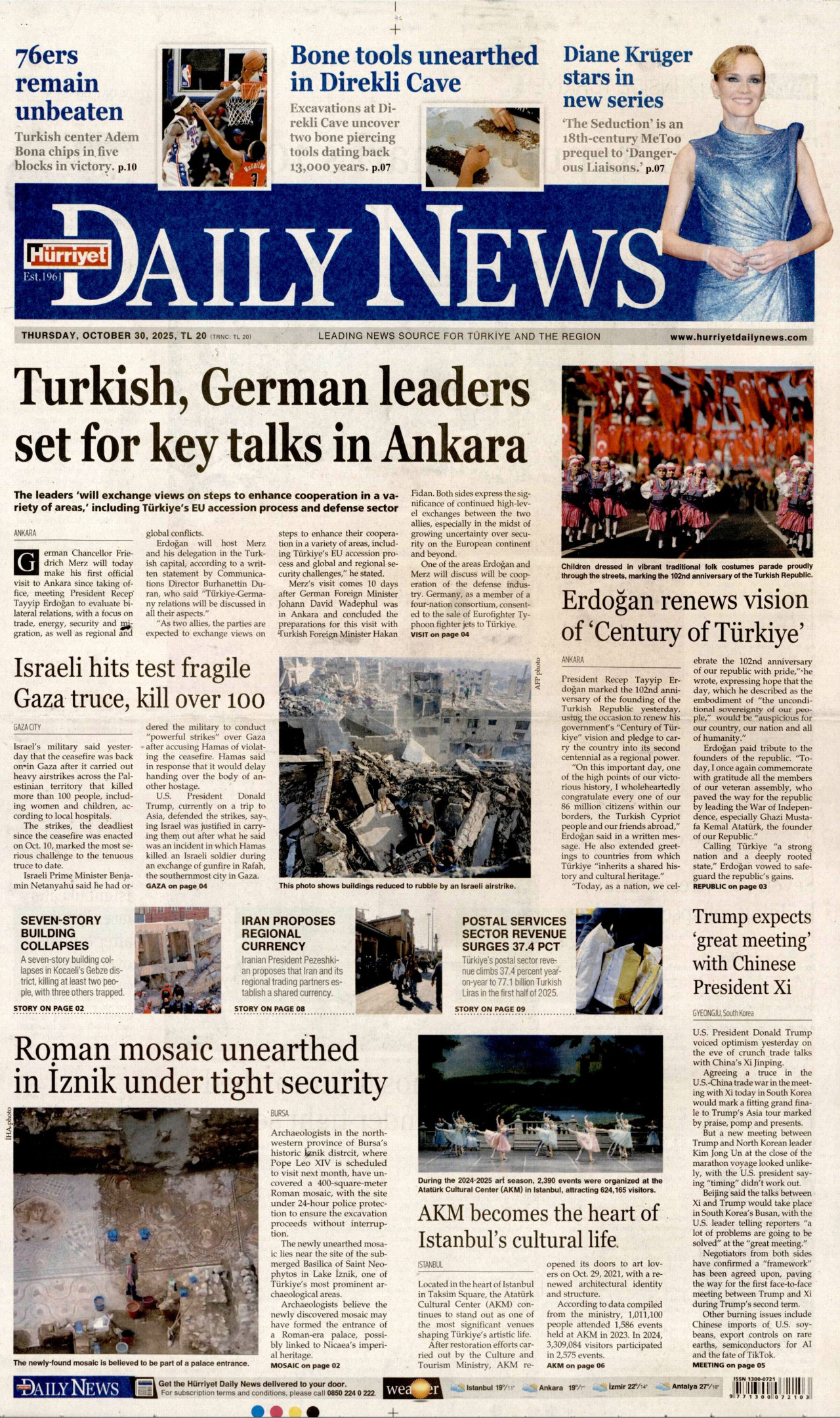 HÜRRİYET DAİLY NEWS gazetesinin 30 Ekim 2025 tarihli birinci sayfası