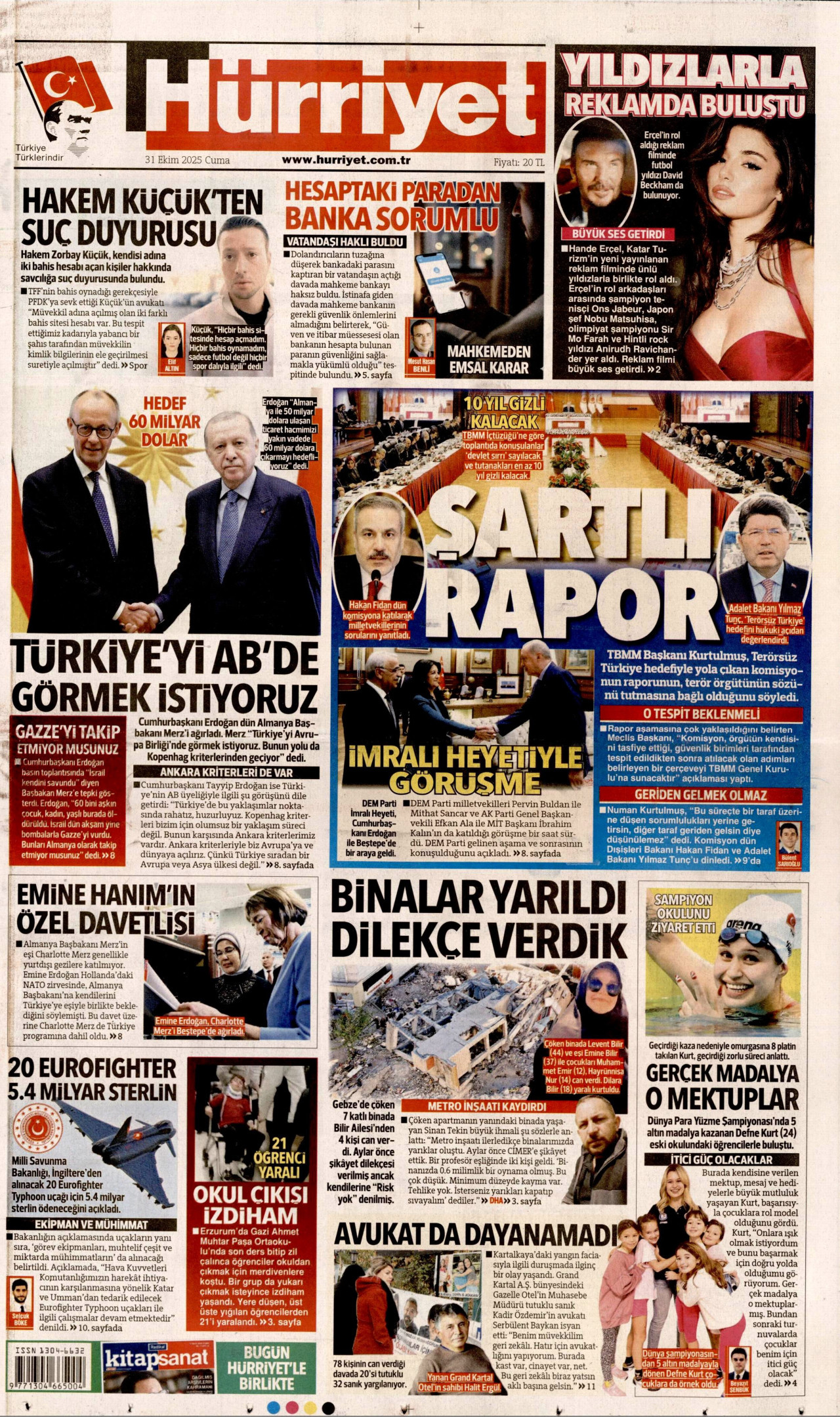 HÜRRİYET gazetesinin 31 Ekim 2025 tarihli birinci sayfası
