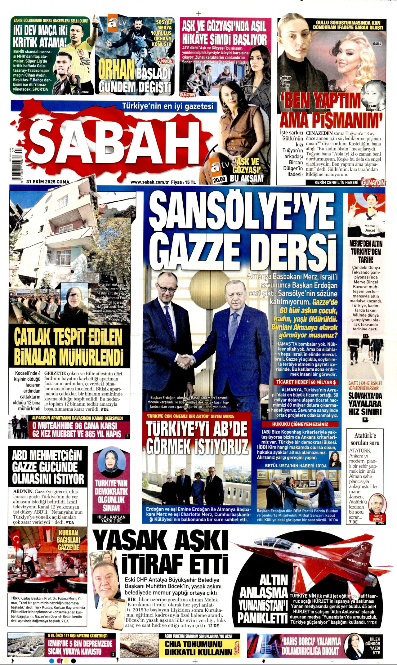 SABAH gazetesinin 31 Ekim 2025 tarihli birinci sayfası