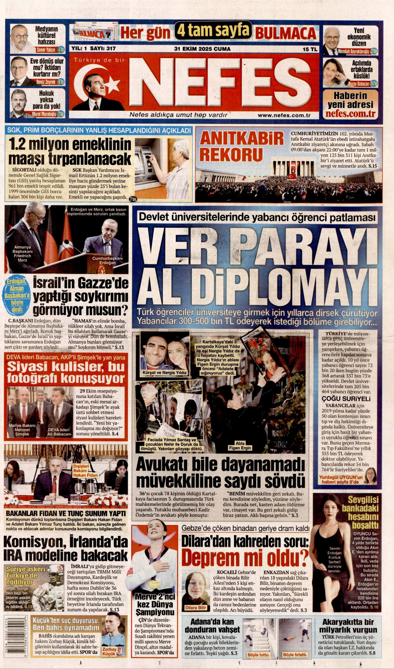 NEFES gazetesinin 31 Ekim 2025 tarihli birinci sayfası