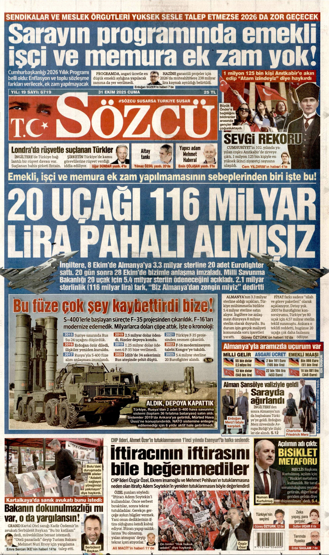 SÖZCÜ gazetesinin 31 Ekim 2025 tarihli birinci sayfası