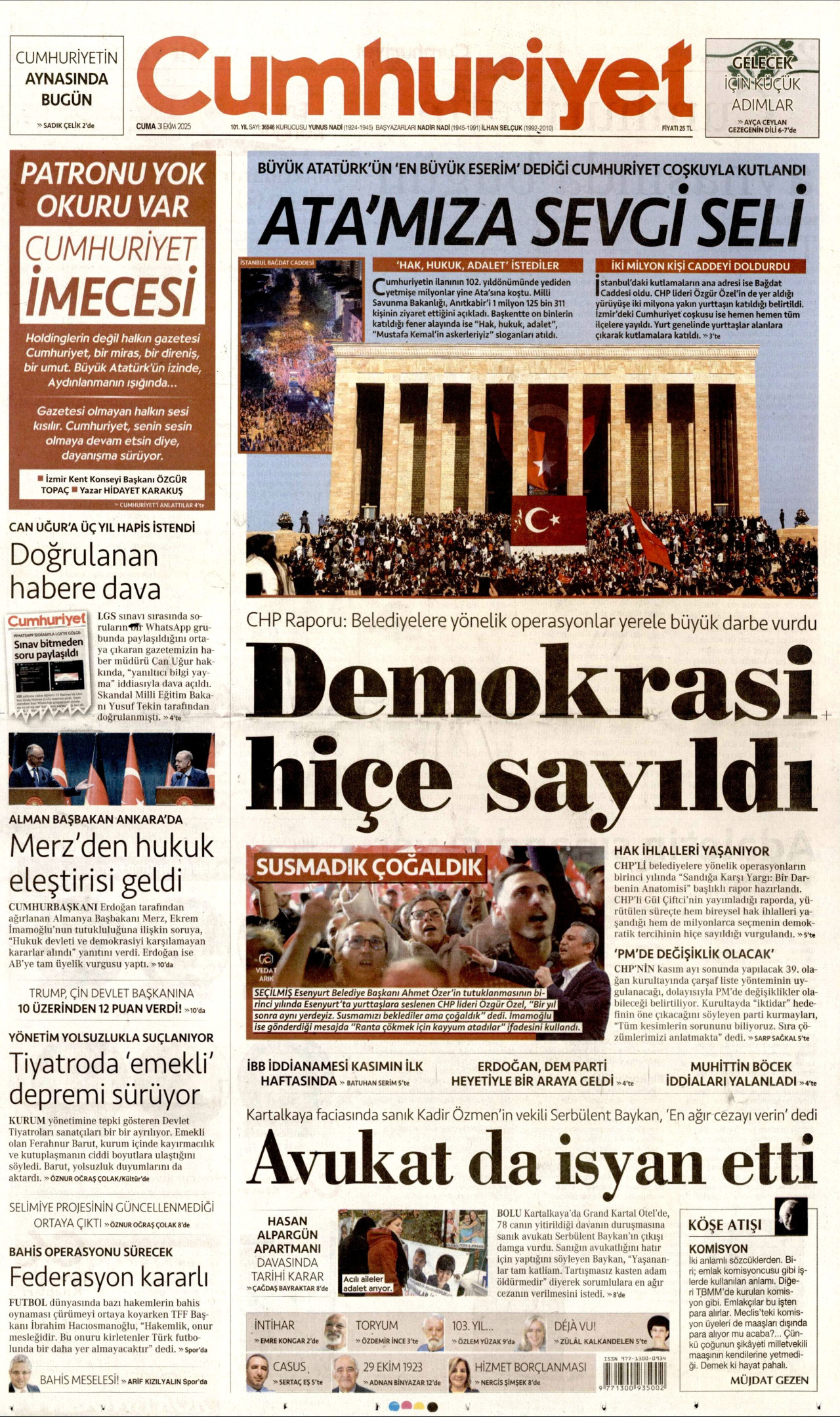 CUMHURİYET gazetesinin 31 Ekim 2025 tarihli birinci sayfası