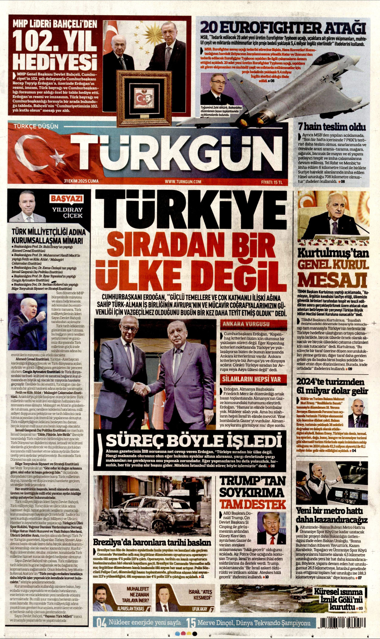 TÜRKGÜN gazetesinin 31 Ekim 2025 tarihli birinci sayfası