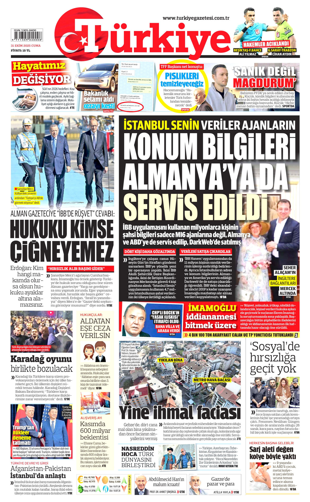TÜRKİYE GAZETESİ gazetesinin 31 Ekim 2025 tarihli birinci sayfası