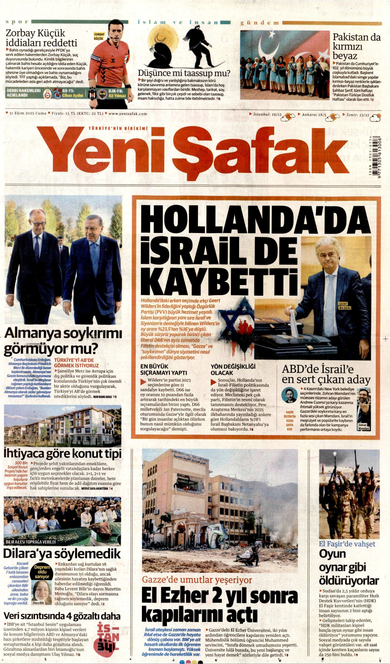 YENİ ŞAFAK gazetesinin 31 Ekim 2025 tarihli birinci sayfası