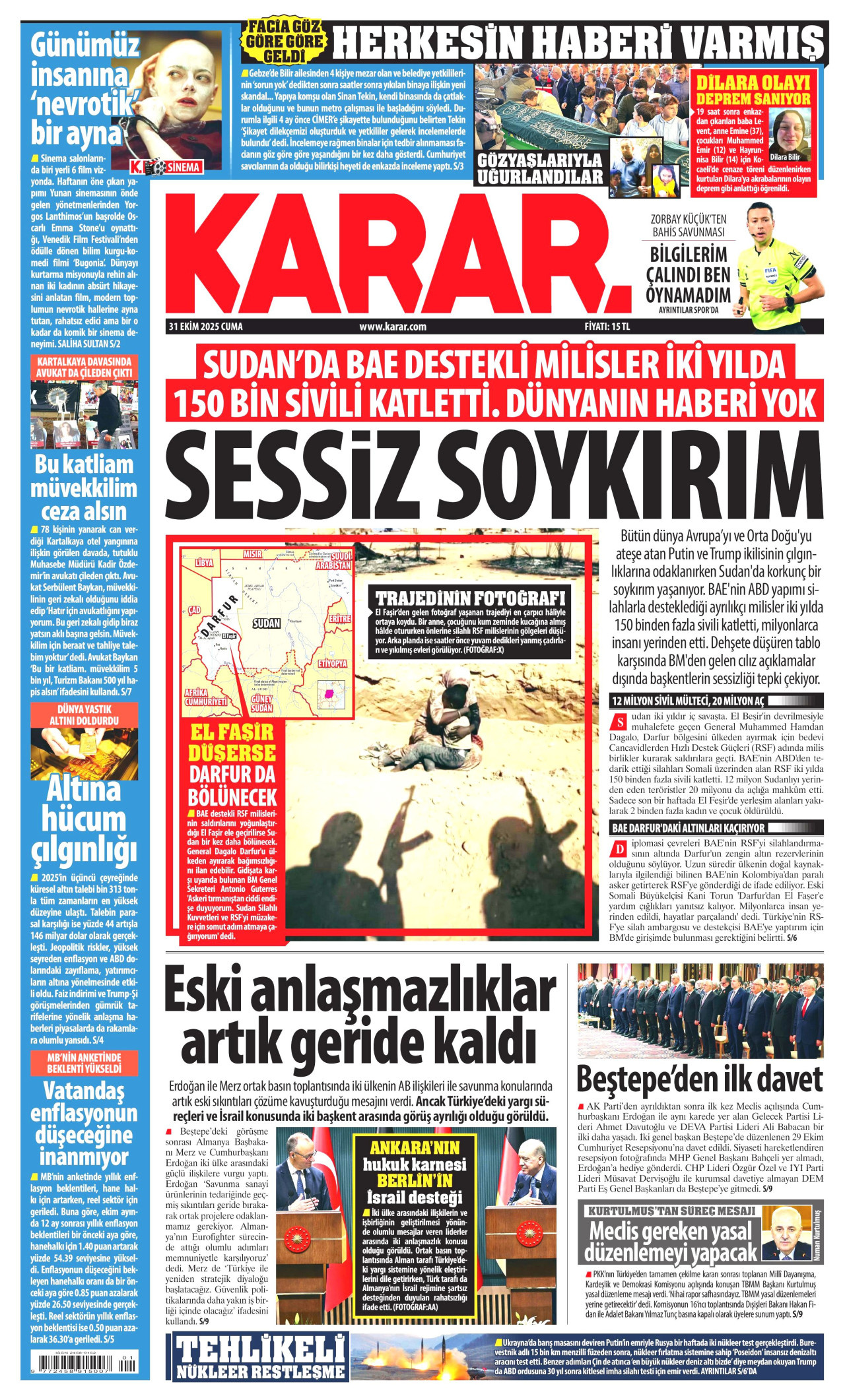KARAR gazetesinin 31 Ekim 2025 tarihli birinci sayfası