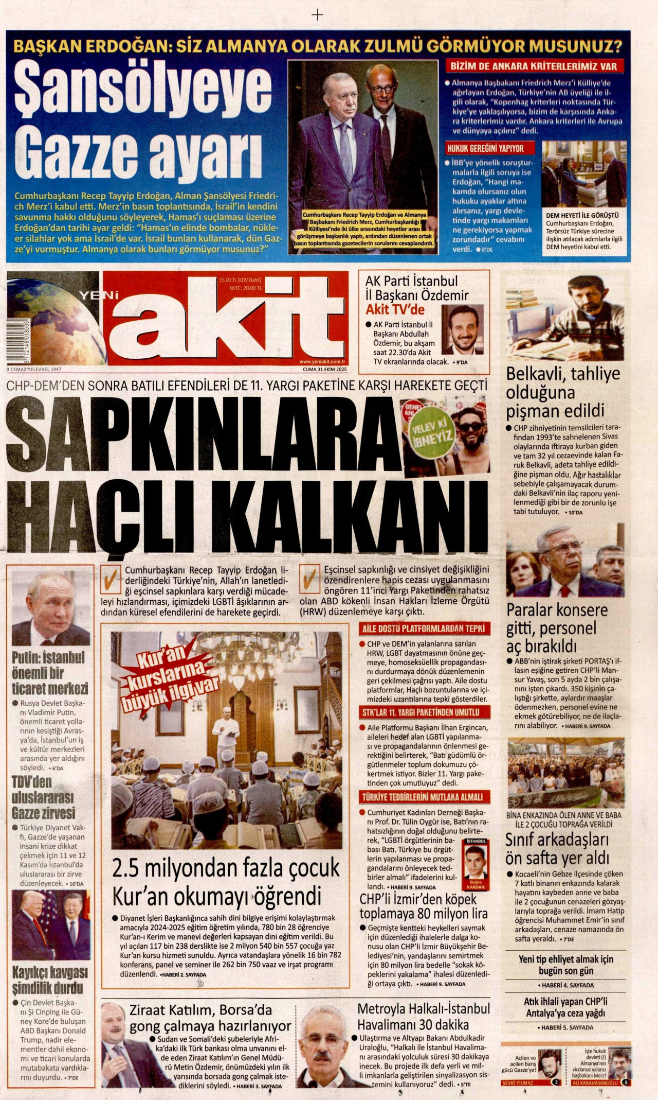 YENİ AKİT gazetesinin 31 Ekim 2025 tarihli birinci sayfası