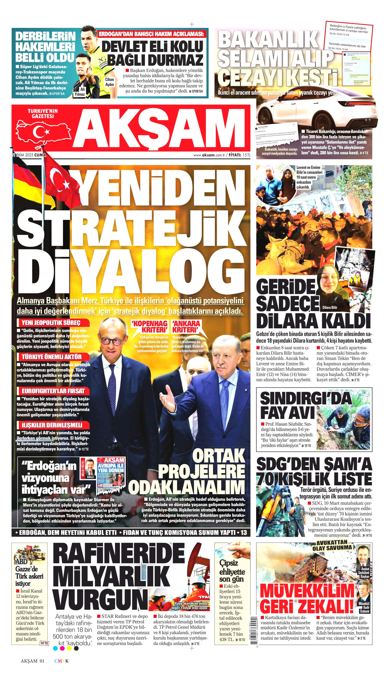 AKŞAM gazetesinin 31 Ekim 2025 tarihli birinci sayfası