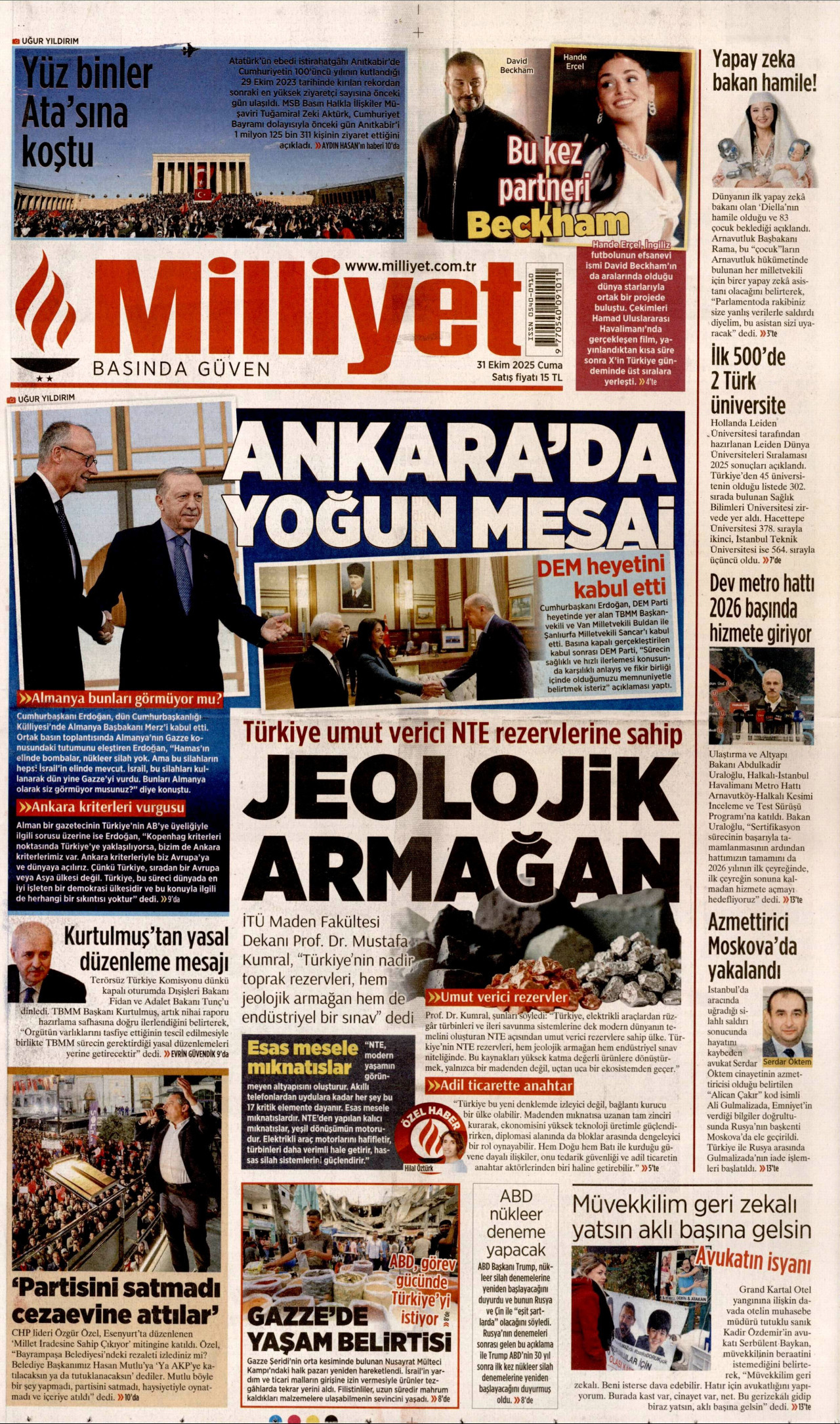 MİLLİYET gazetesinin 31 Ekim 2025 tarihli birinci sayfası