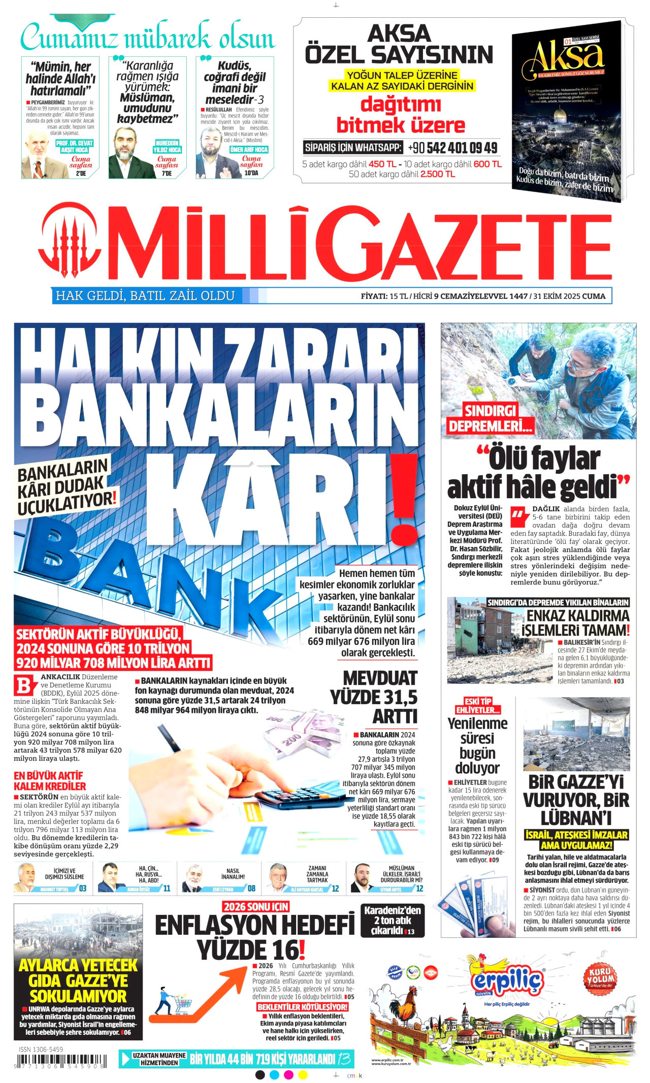 MİLLİ GAZETE gazetesinin 31 Ekim 2025 tarihli birinci sayfası