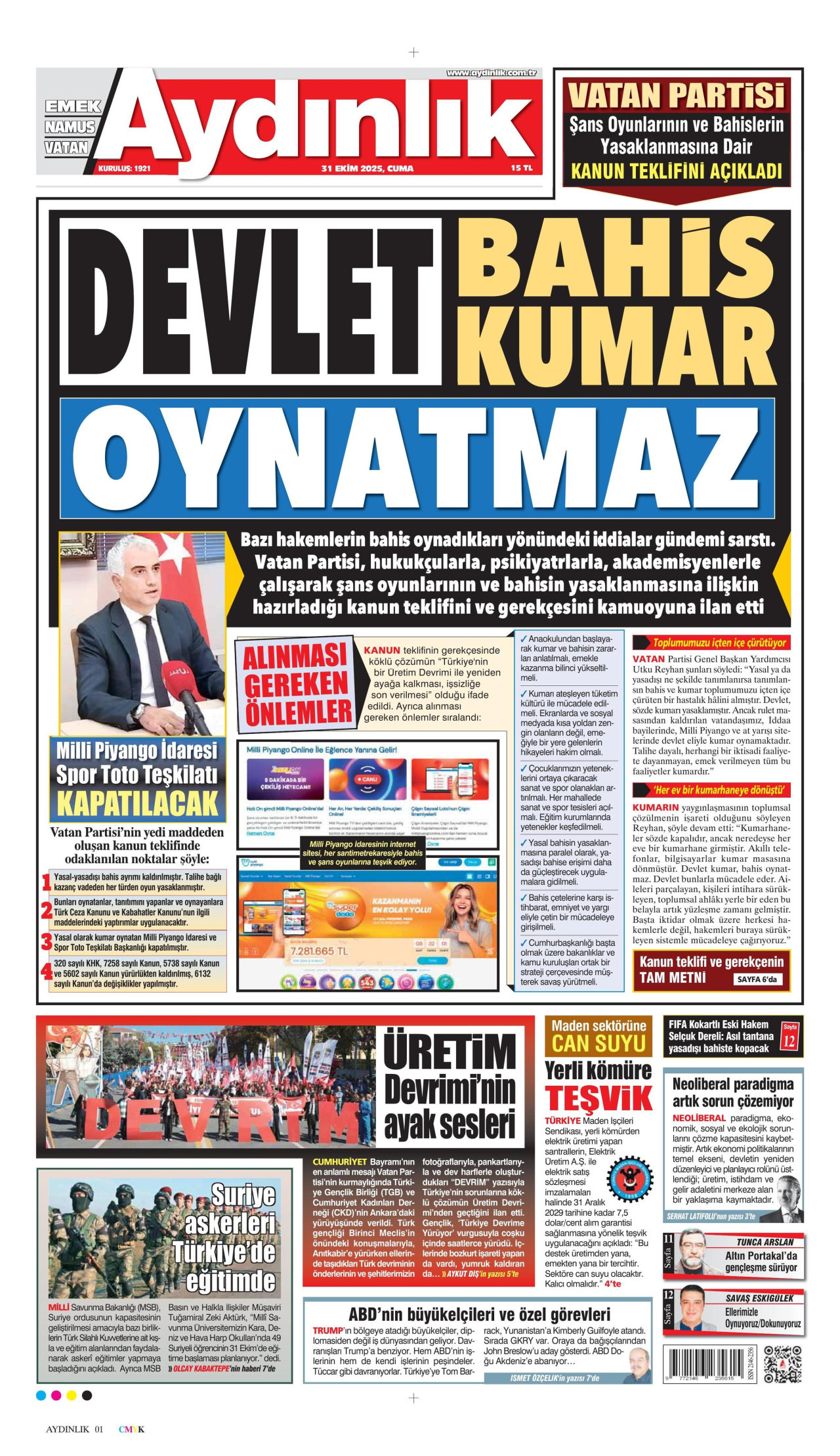 AYDINLIK GAZETESİ gazetesinin 31 Ekim 2025 tarihli birinci sayfası
