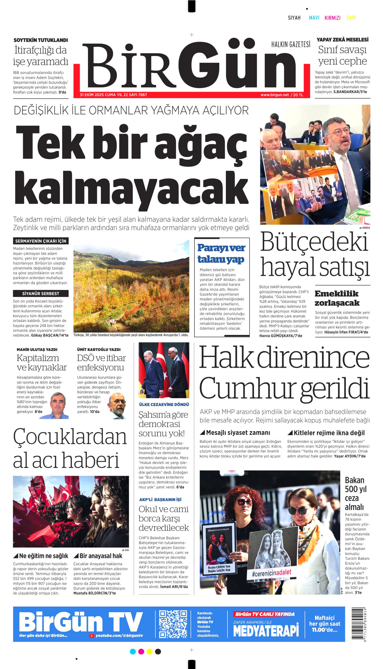 BİRGÜN gazetesinin 31 Ekim 2025 tarihli birinci sayfası