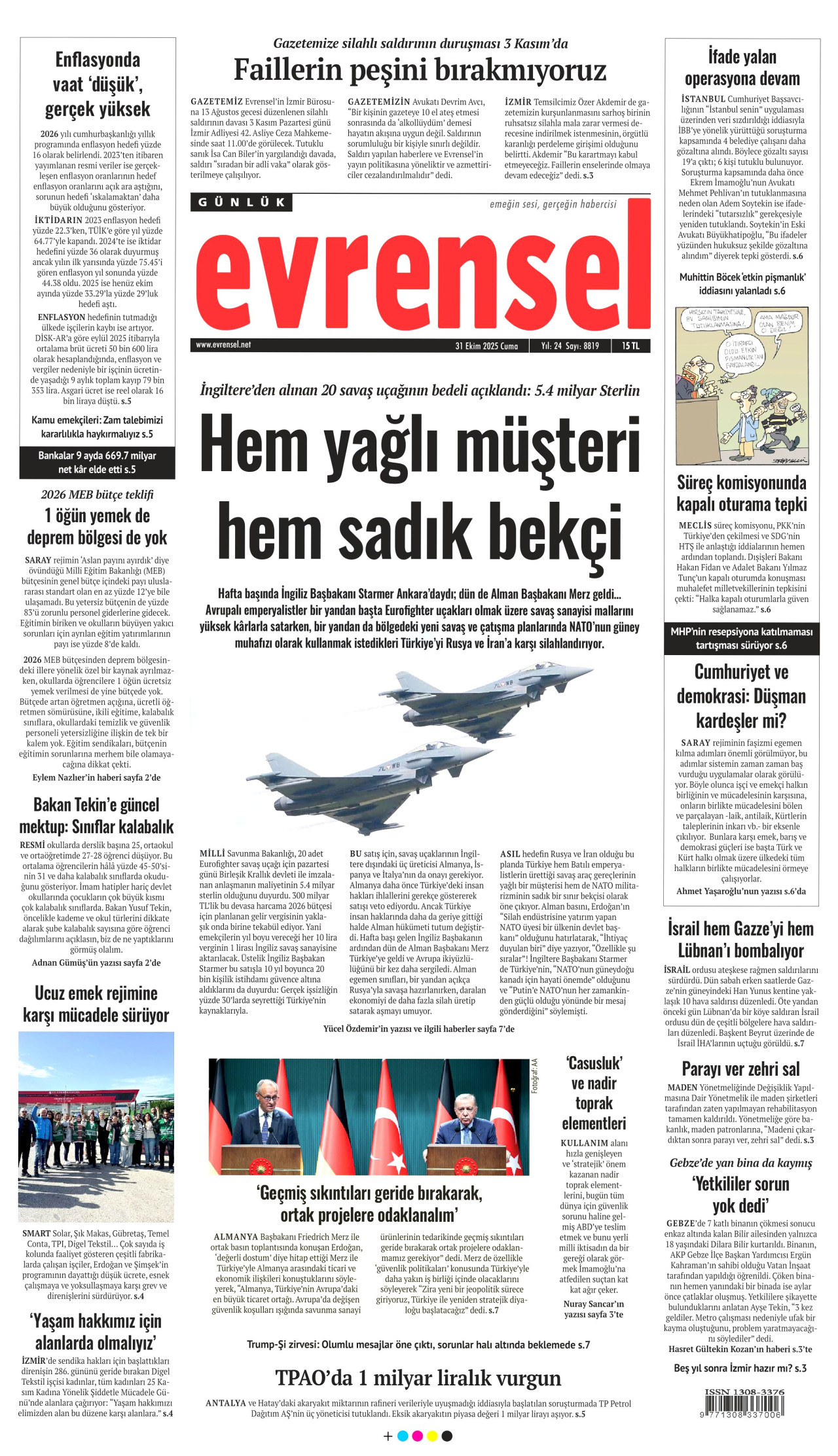 EVRENSEL gazetesinin 31 Ekim 2025 tarihli birinci sayfası