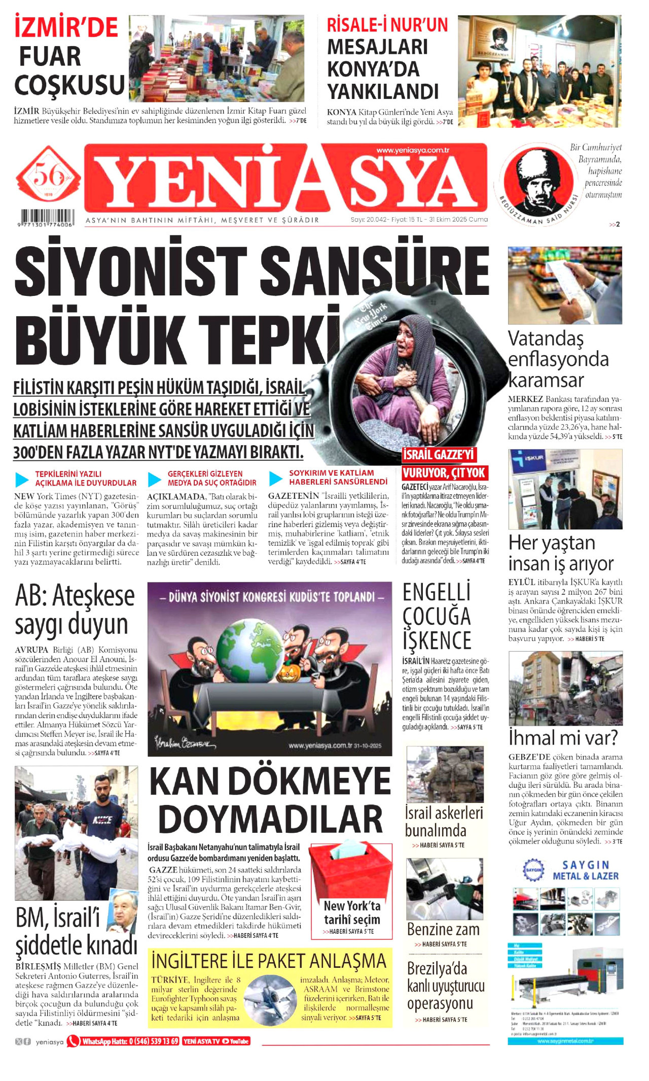 YENİ ASYA gazetesinin 31 Ekim 2025 tarihli birinci sayfası