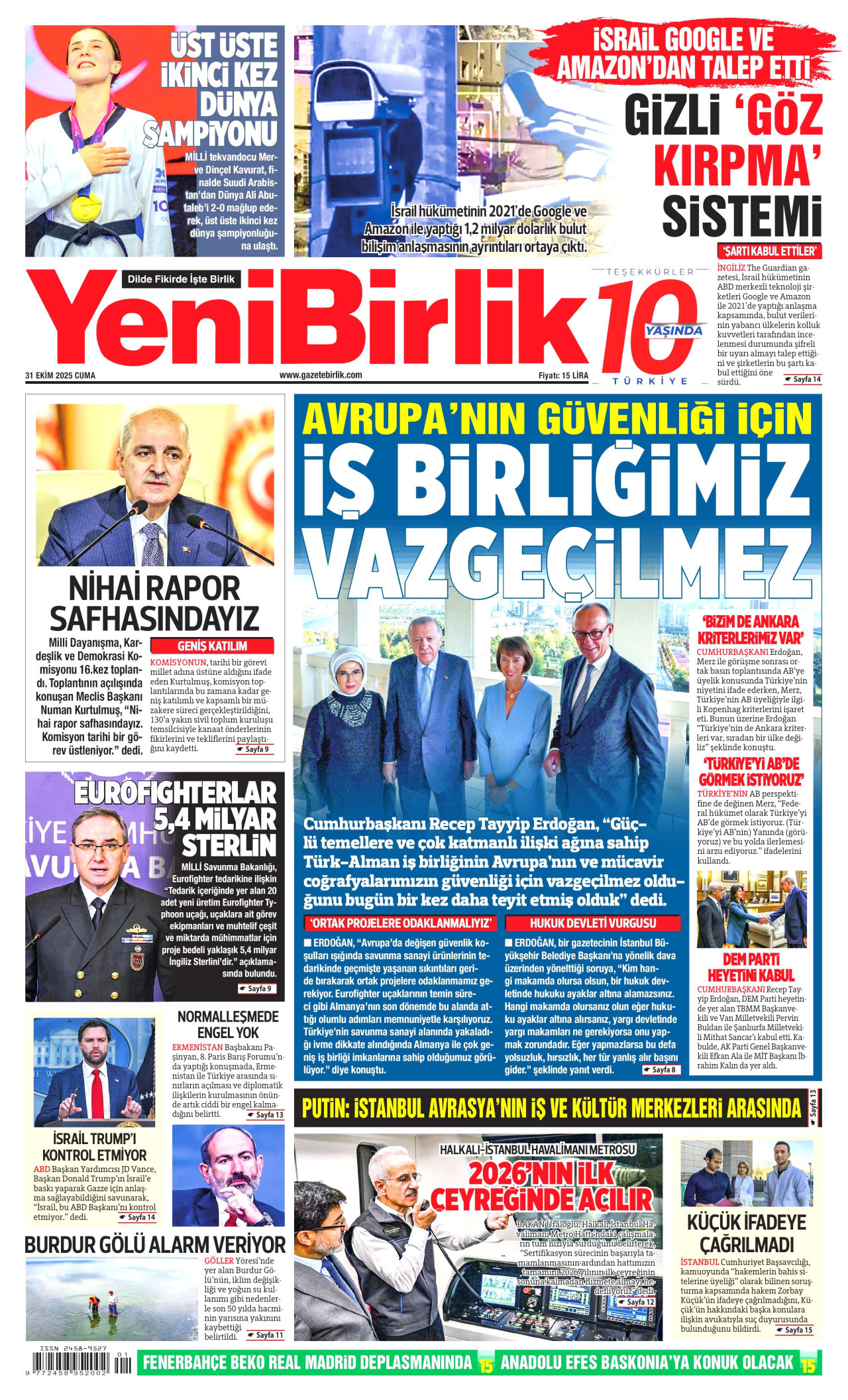 YENİBİRLİK gazetesinin 31 Ekim 2025 tarihli birinci sayfası