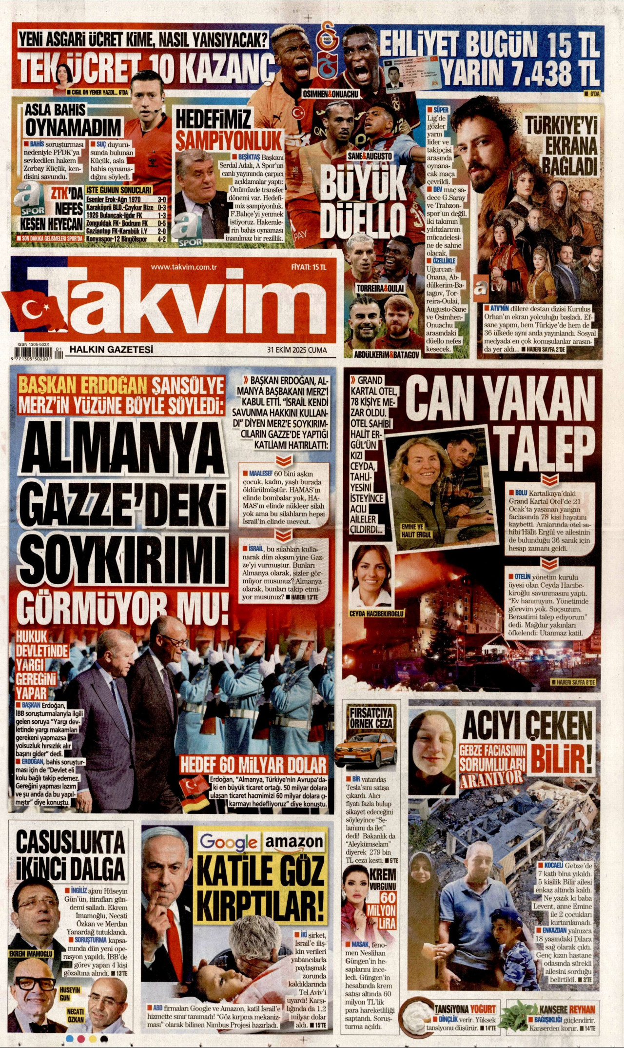 TAKVİM gazetesinin 31 Ekim 2025 tarihli birinci sayfası