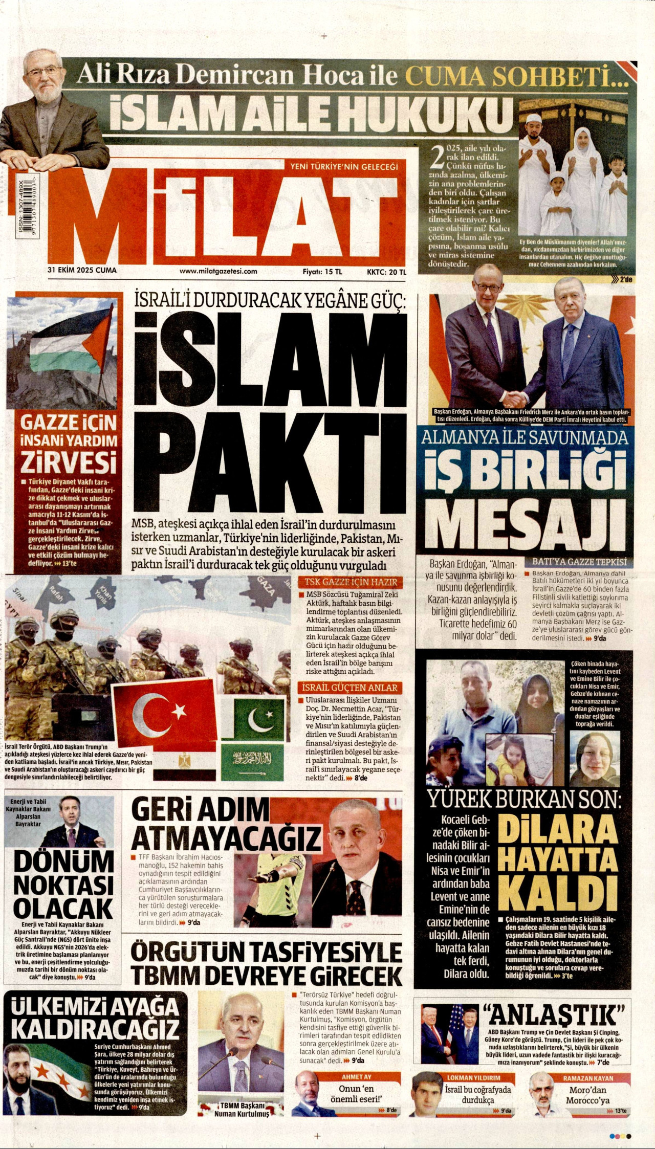 MİLAT gazetesinin 31 Ekim 2025 tarihli birinci sayfası