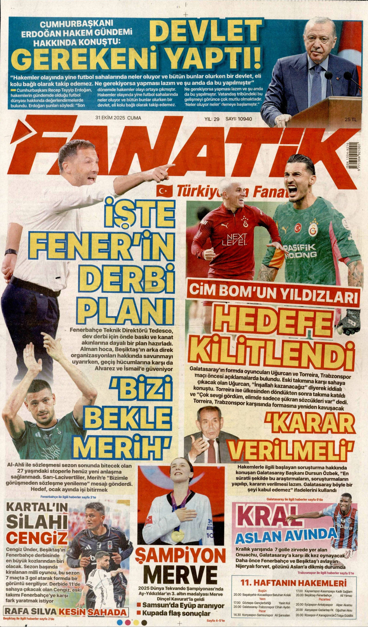 FANATİK gazetesinin 31 Ekim 2025 tarihli birinci sayfası