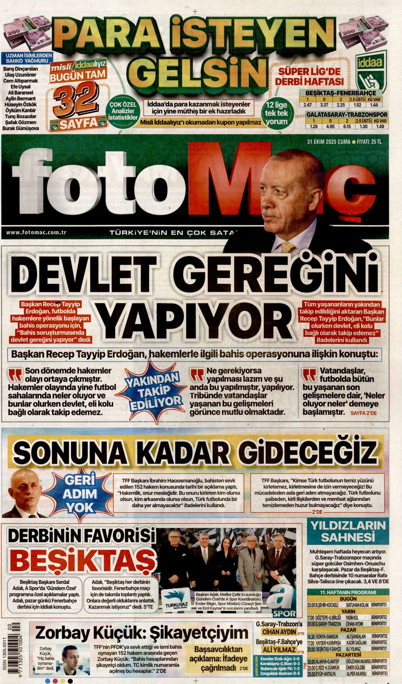 FOTOMAÇ gazetesinin 31 Ekim 2025 tarihli birinci sayfası