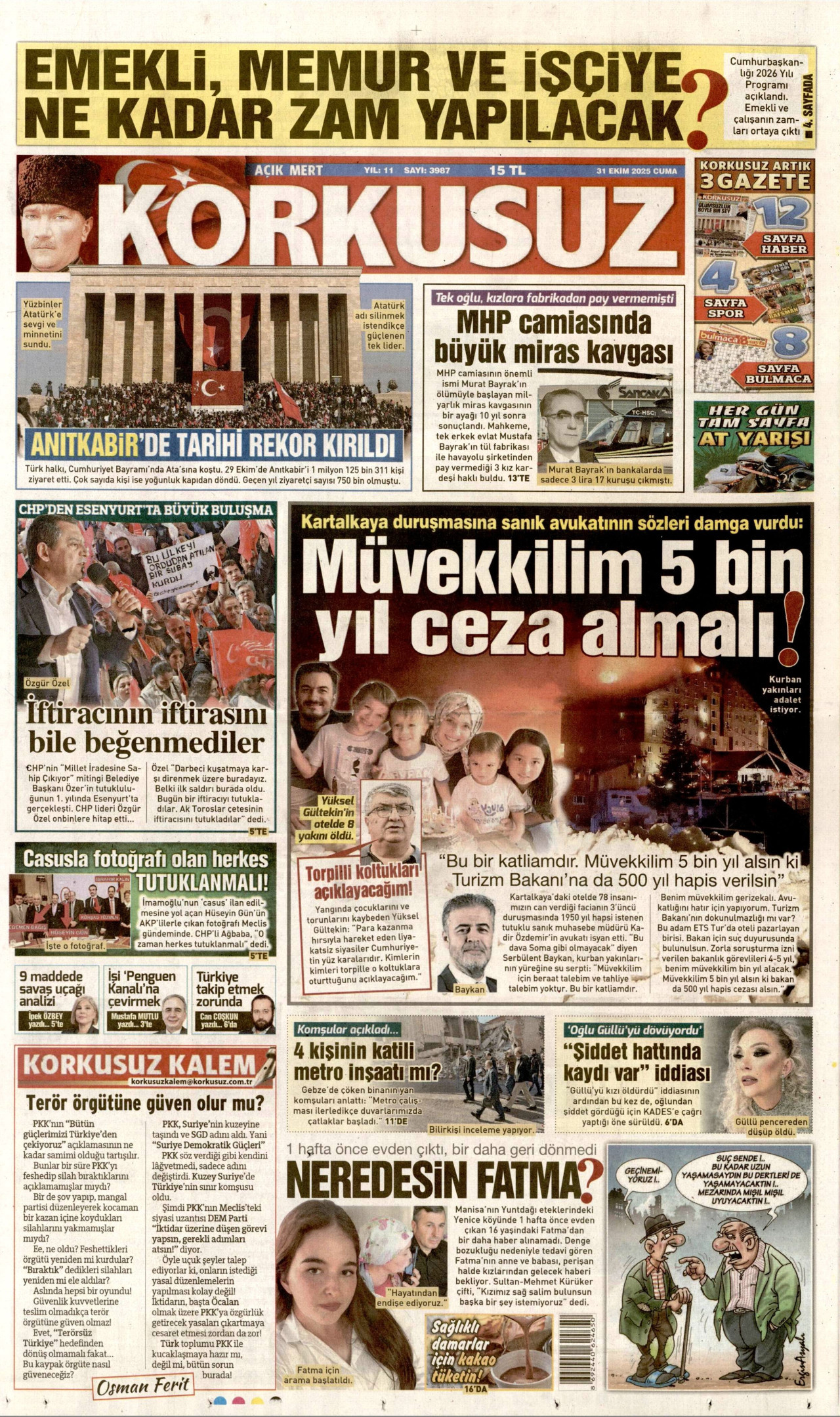KORKUSUZ gazetesinin 31 Ekim 2025 tarihli birinci sayfası
