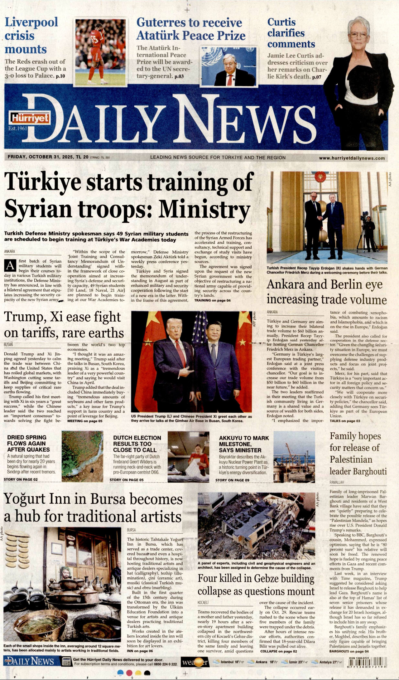 HÜRRİYET DAİLY NEWS gazetesinin 31 Ekim 2025 tarihli birinci sayfası