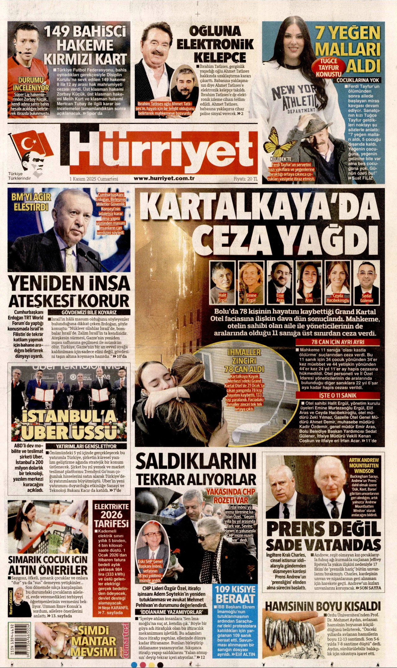 HÜRRİYET gazetesinin 1 Kasım 2025 tarihli birinci sayfası