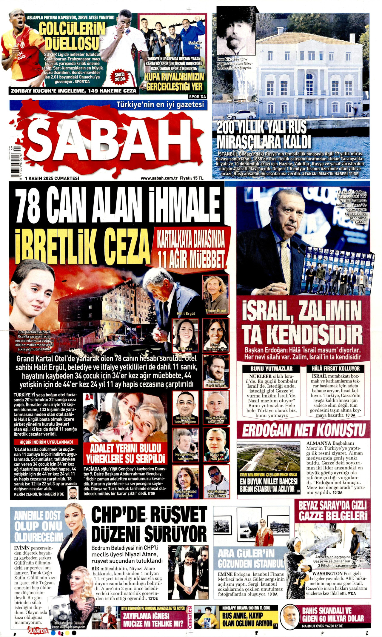 SABAH gazetesinin 1 Kasım 2025 tarihli birinci sayfası
