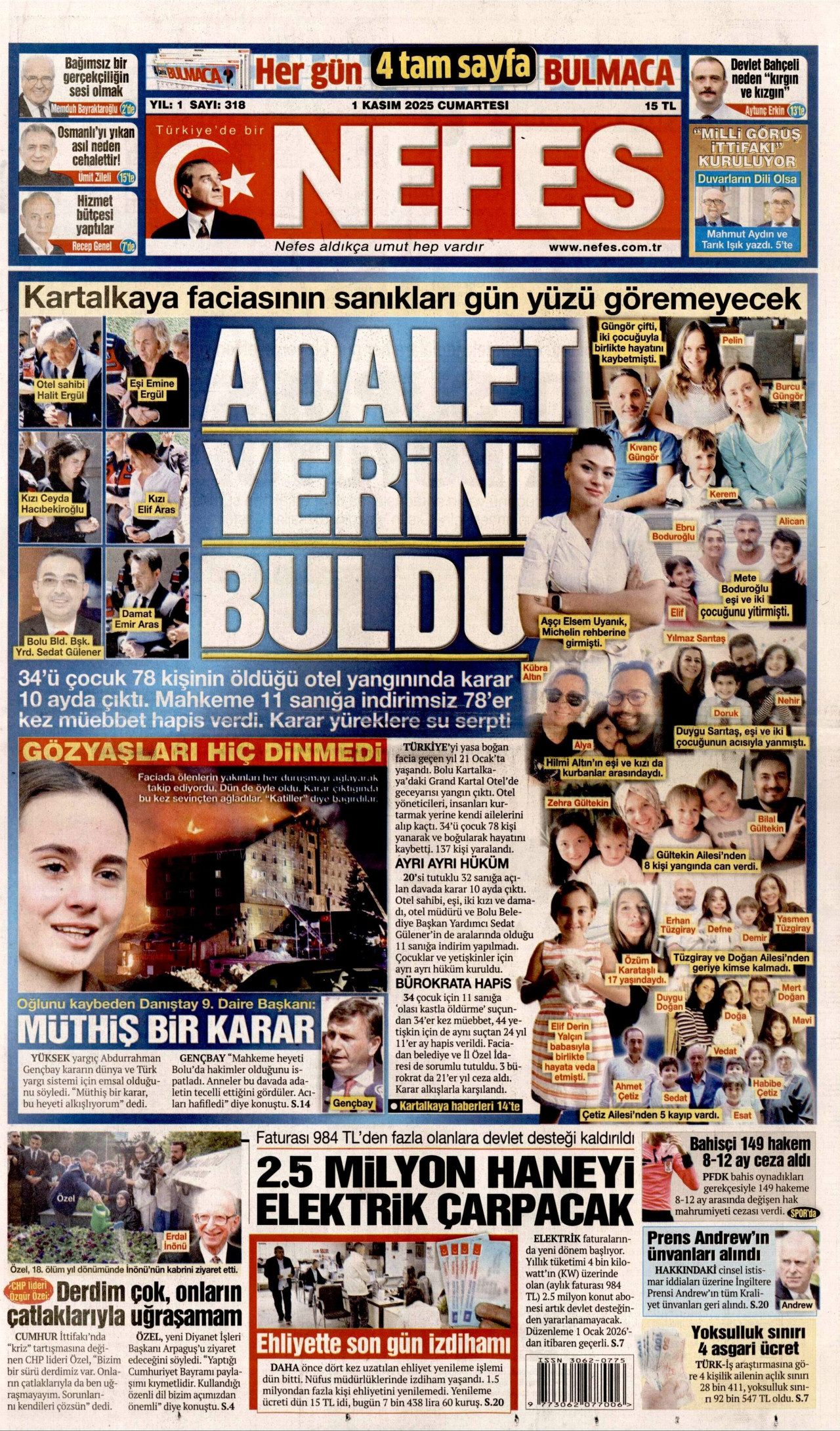 NEFES gazetesinin 1 Kasım 2025 tarihli birinci sayfası