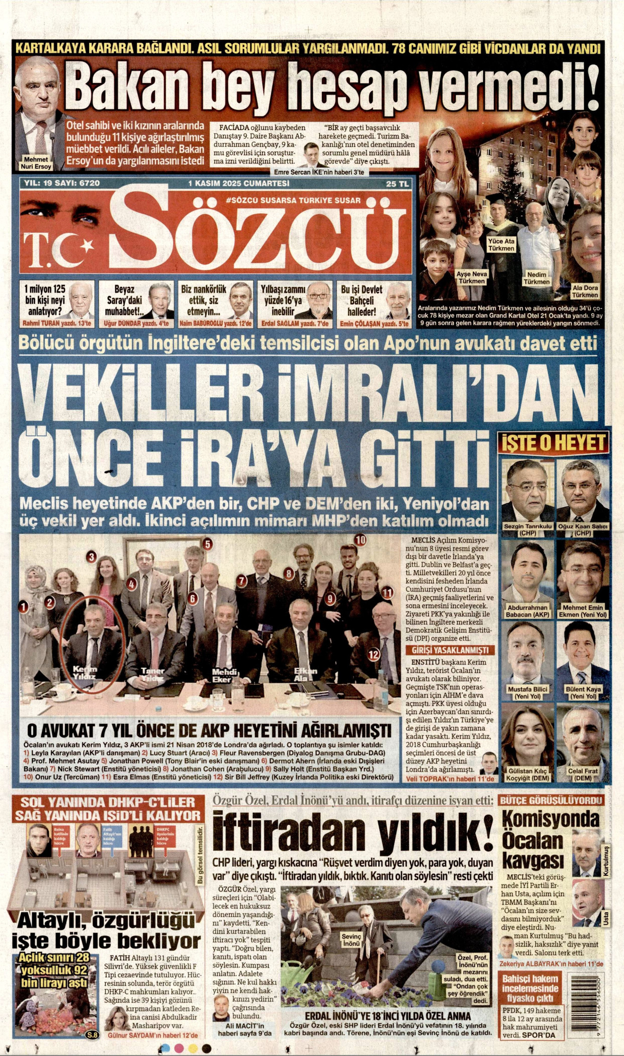SÖZCÜ gazetesinin 1 Kasım 2025 tarihli birinci sayfası