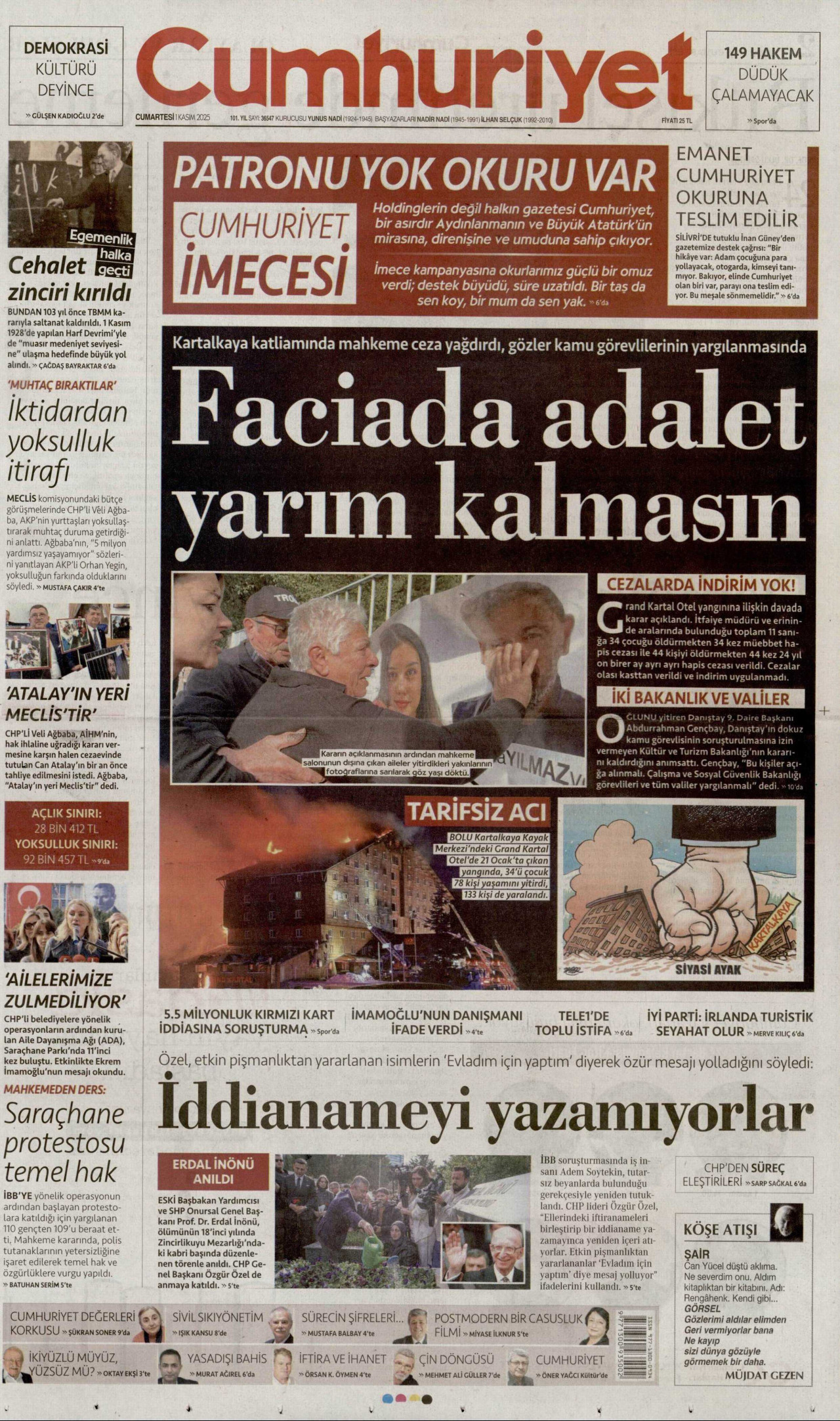 CUMHURİYET gazetesinin 1 Kasım 2025 tarihli birinci sayfası