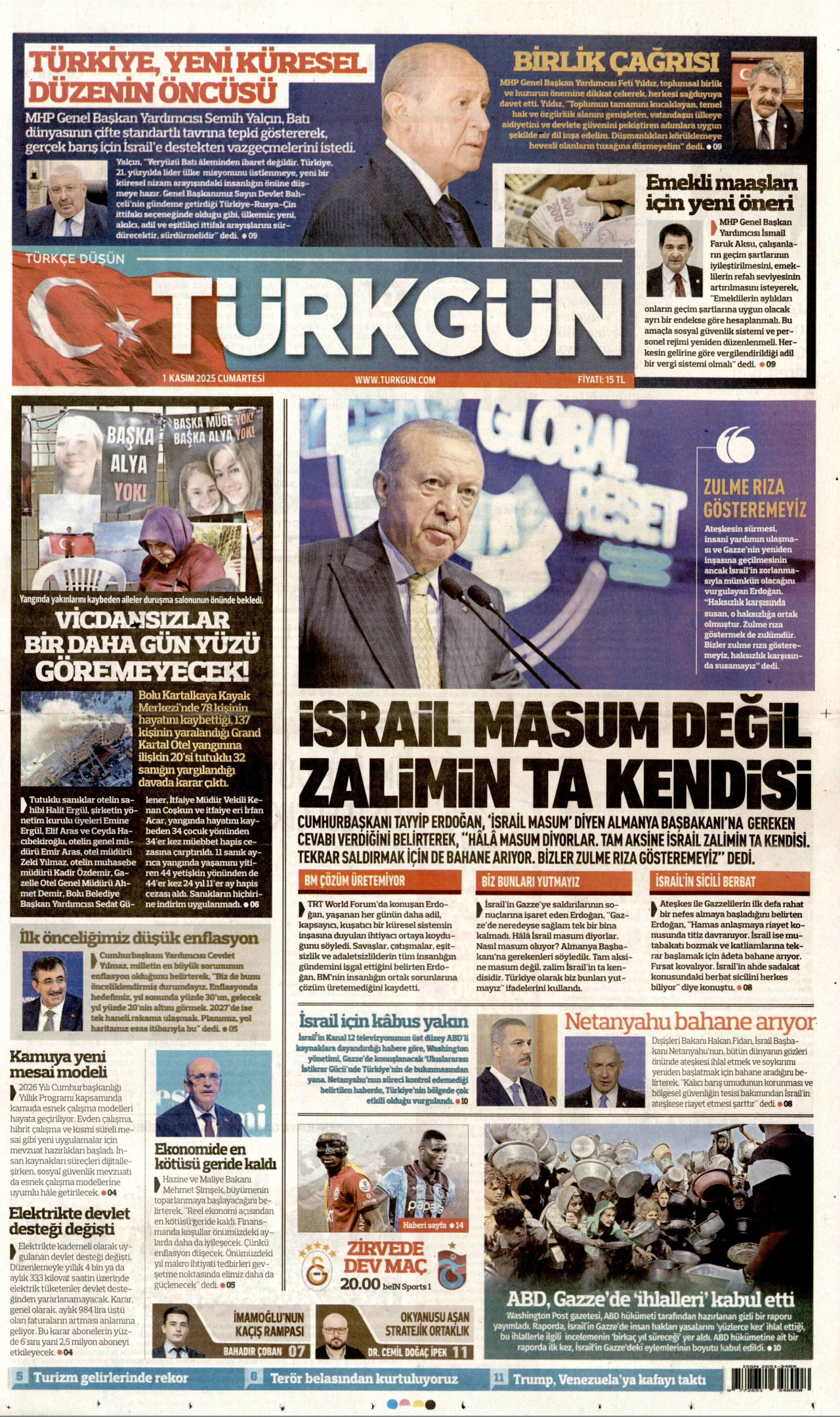 TÜRKGÜN gazetesinin 1 Kasım 2025 tarihli birinci sayfası