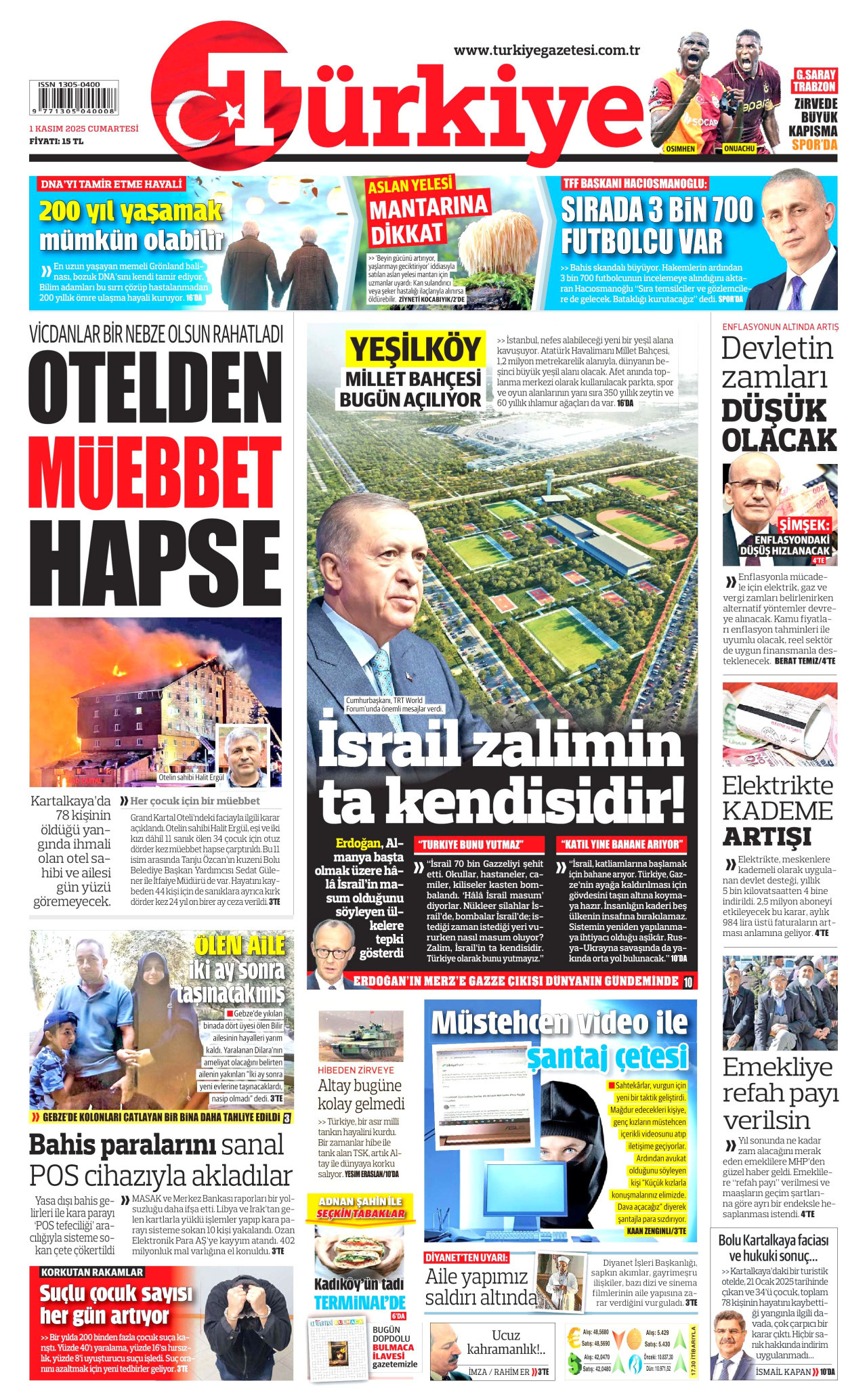 TÜRKİYE GAZETESİ gazetesinin 1 Kasım 2025 tarihli birinci sayfası