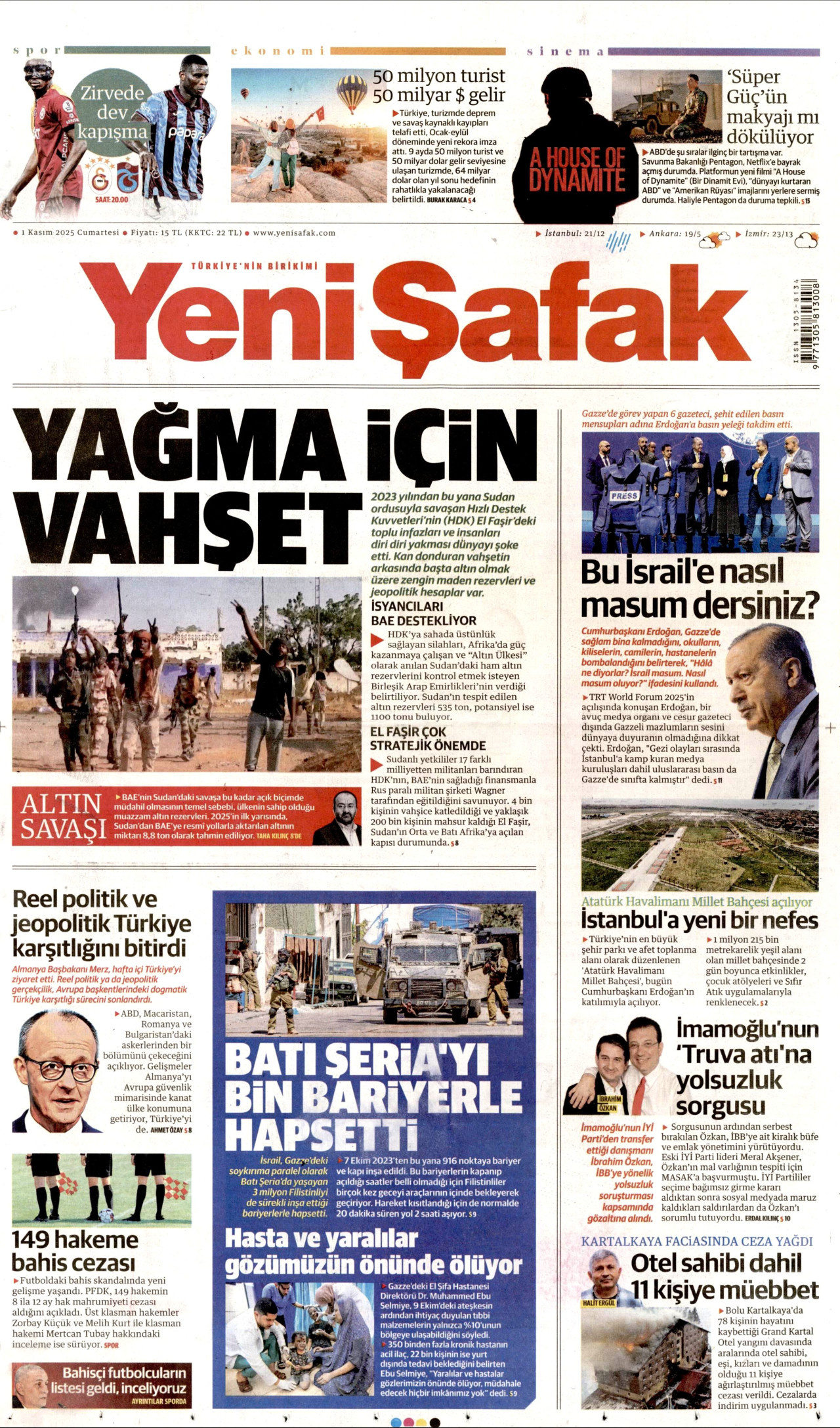 YENİ ŞAFAK gazetesinin 1 Kasım 2025 tarihli birinci sayfası