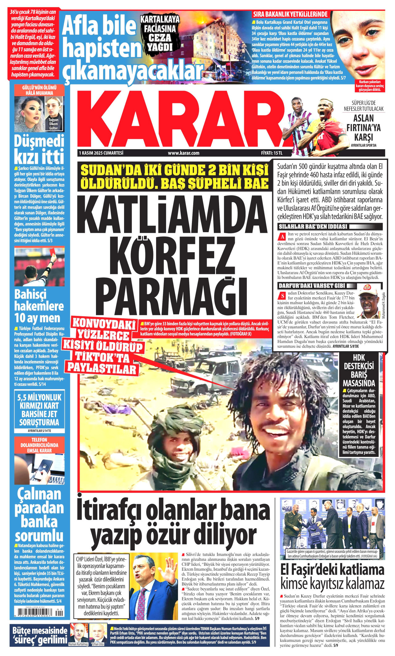 KARAR gazetesinin 1 Kasım 2025 tarihli birinci sayfası