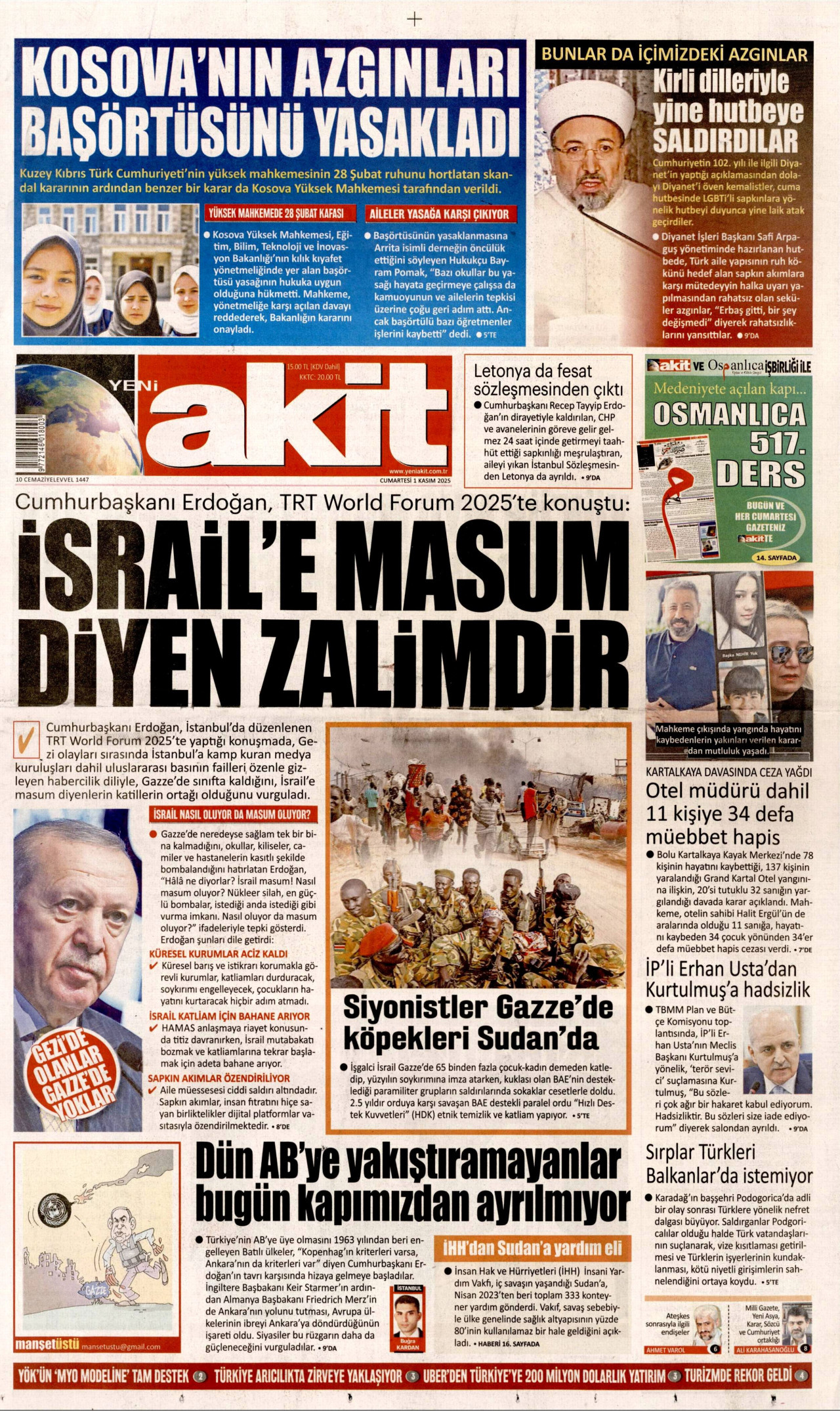 YENİ AKİT gazetesinin 1 Kasım 2025 tarihli birinci sayfası