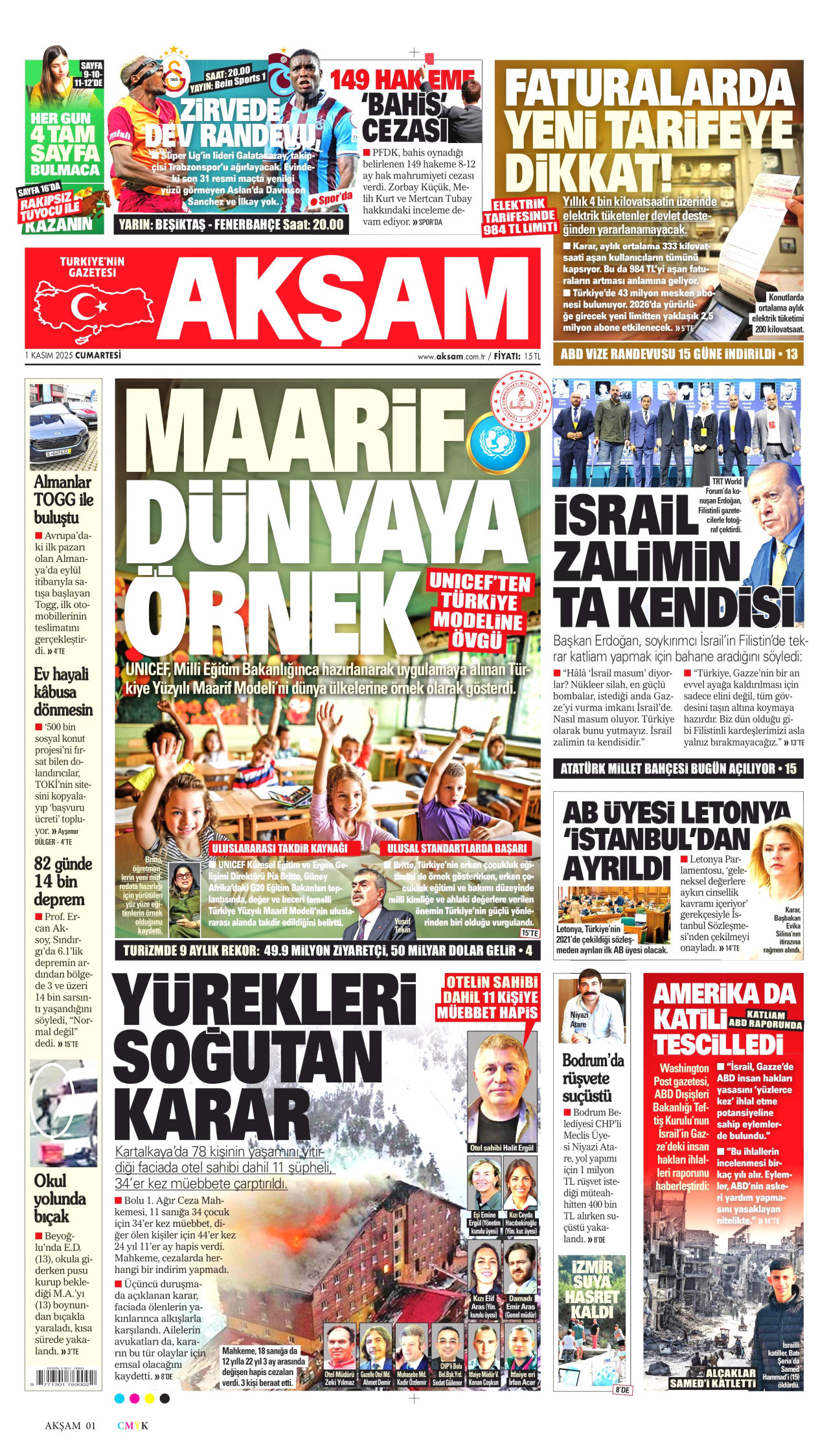 AKŞAM gazetesinin 1 Kasım 2025 tarihli birinci sayfası