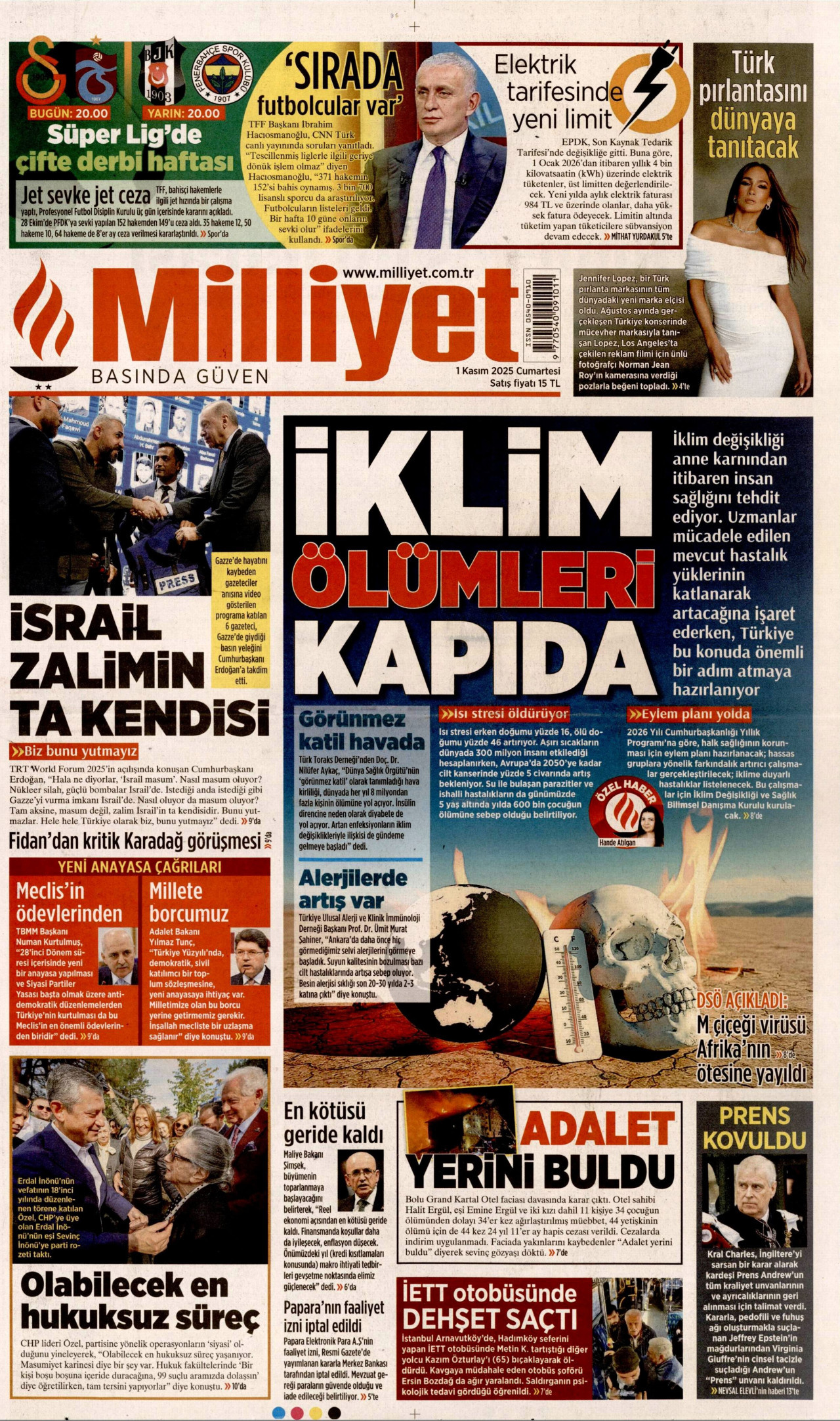 MİLLİYET gazetesinin 1 Kasım 2025 tarihli birinci sayfası