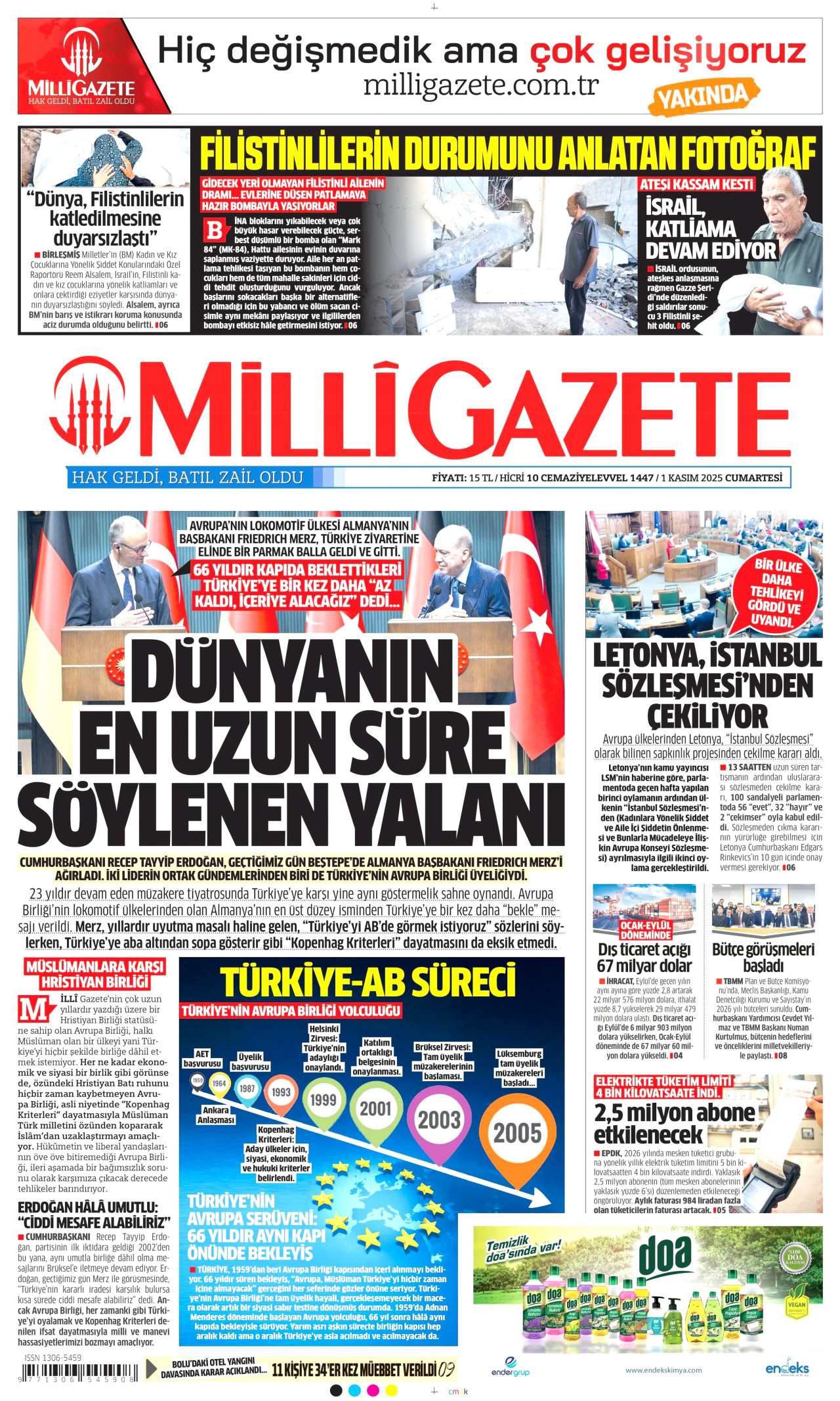 MİLLİ GAZETE gazetesinin 1 Kasım 2025 tarihli birinci sayfası