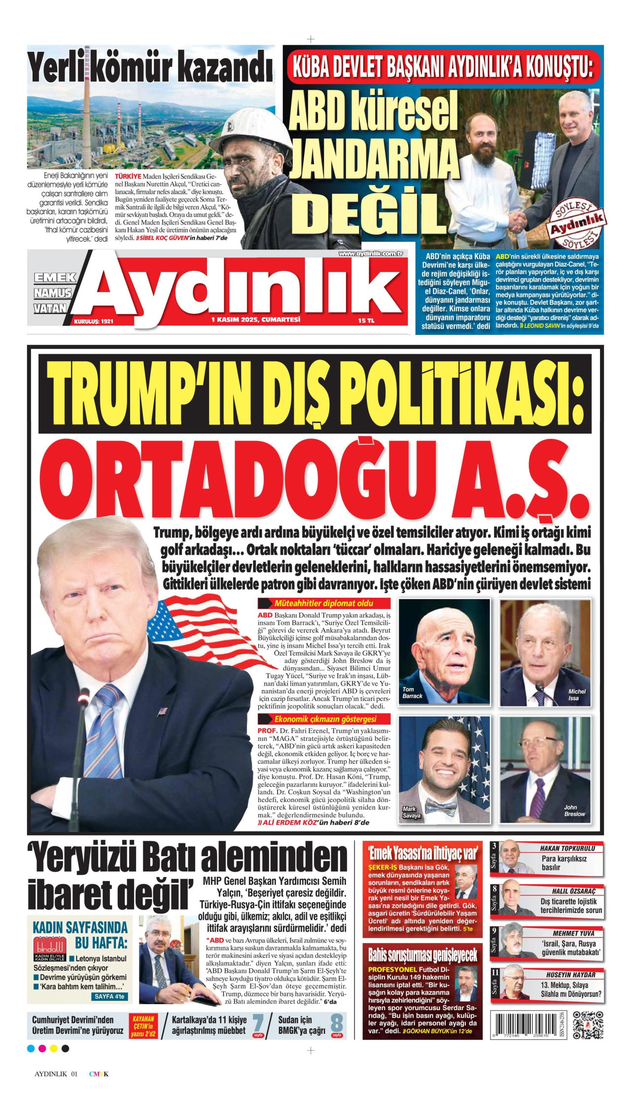 AYDINLIK GAZETESİ gazetesinin 1 Kasım 2025 tarihli birinci sayfası